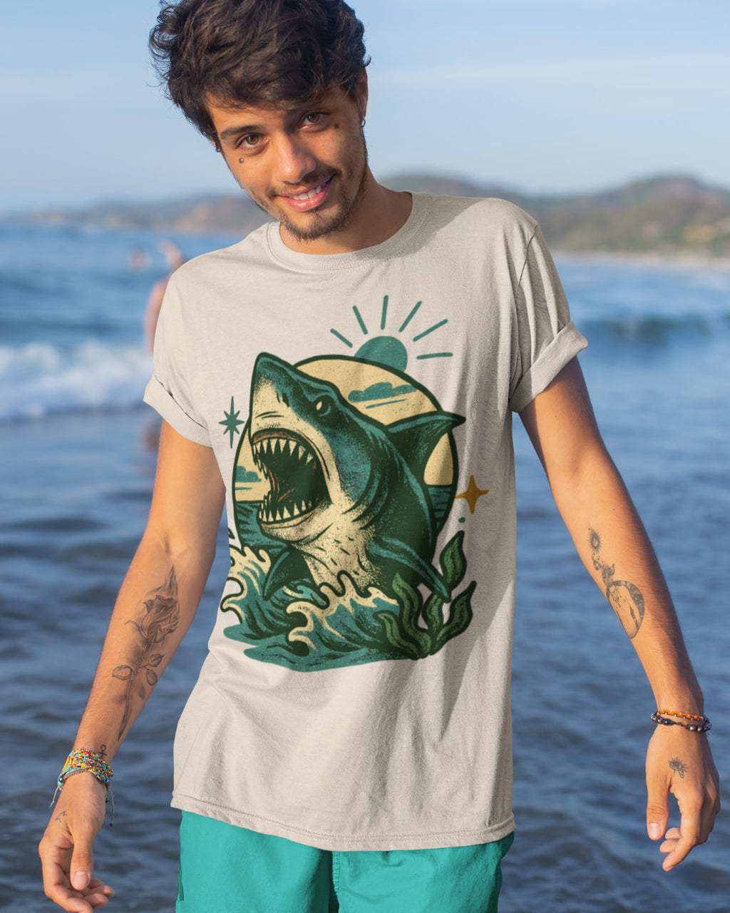 Shark and Sun Tattoo Style Vintage Sailor Artwork T-Shirt