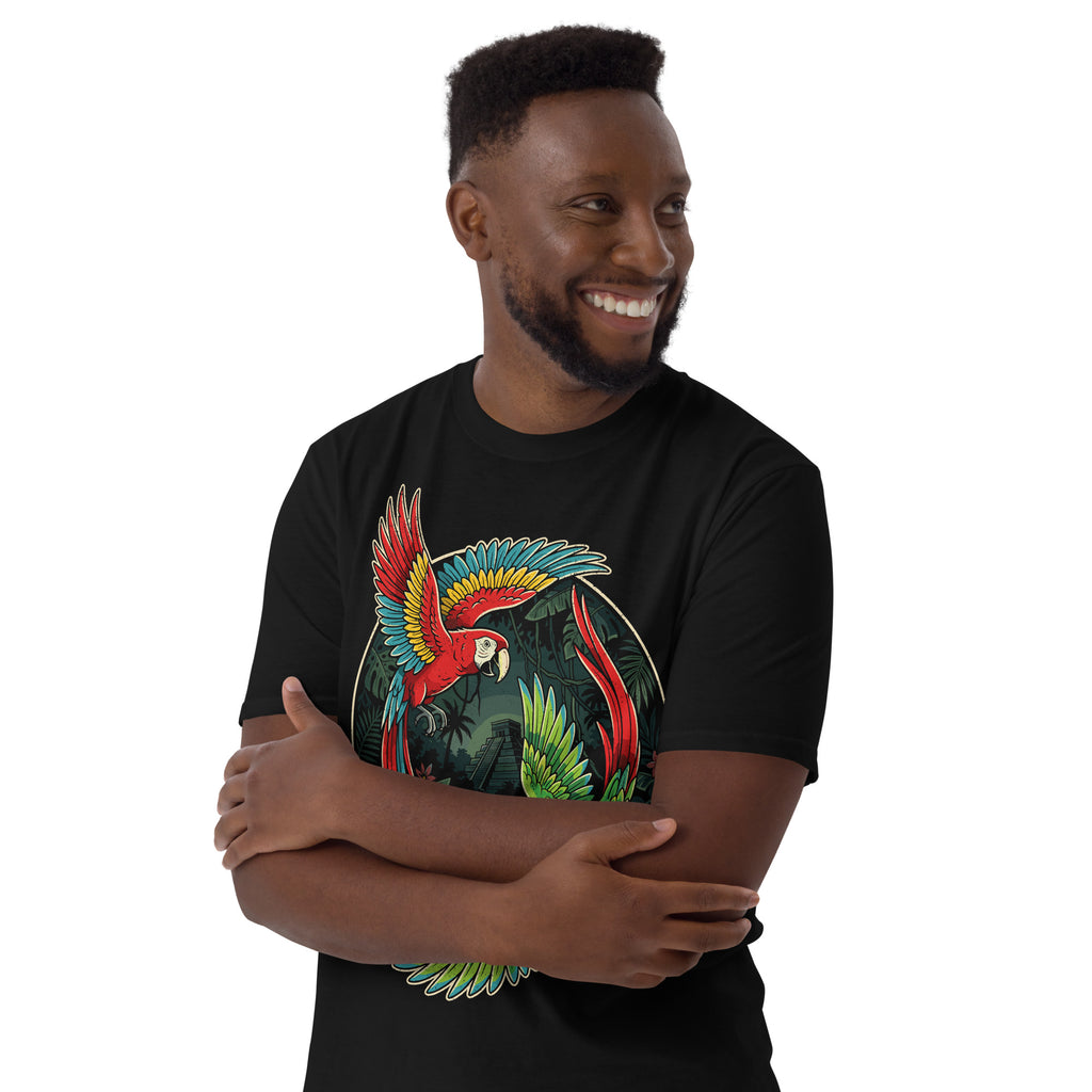 smiling man wearing a grpahic t-shirt featuring a macaw and a parrot