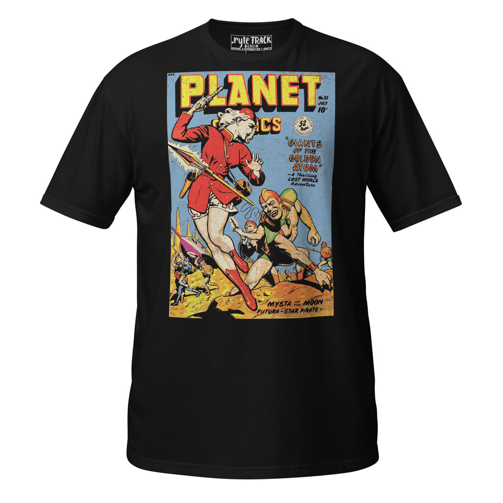 Black Graphic T-Shirt featuring the cover of a vintage 1950s science fiction comic book.