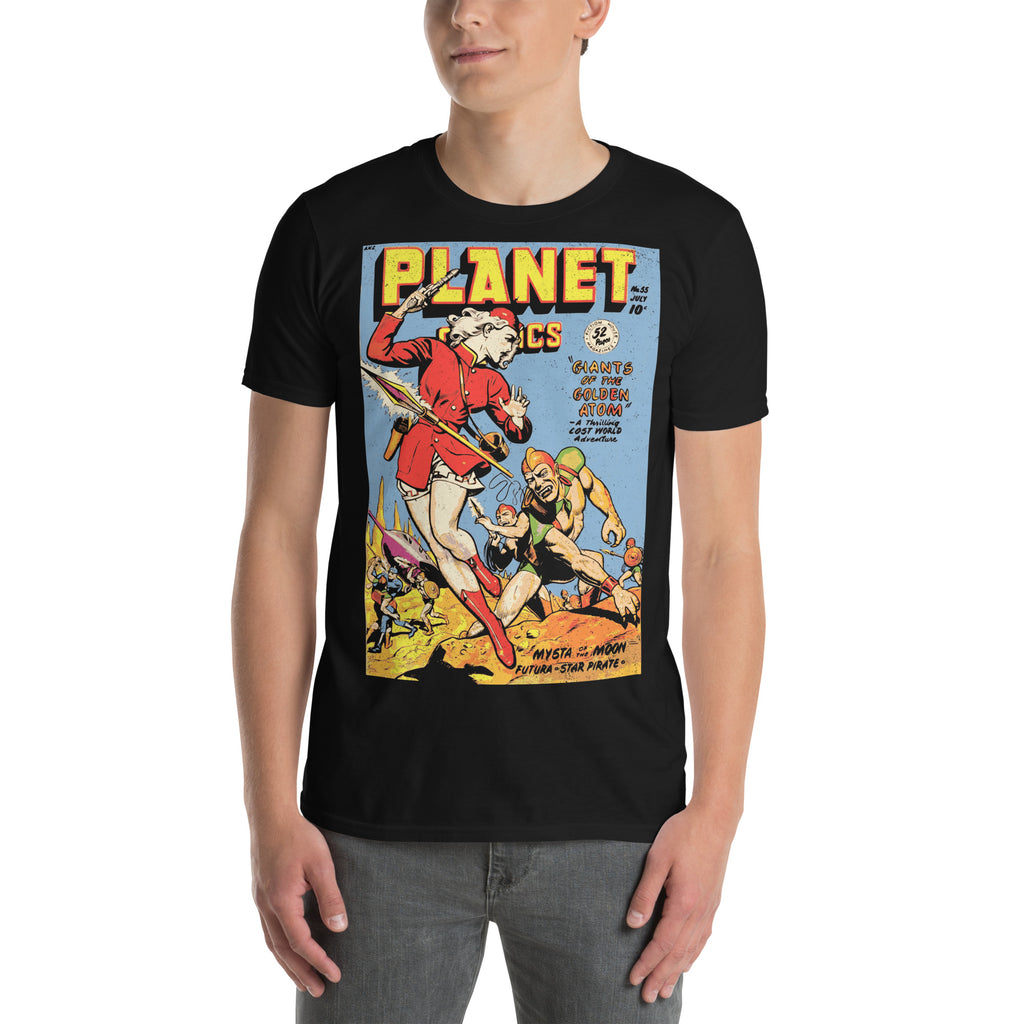 man wearing a black graphic t-shirt featuring a comic book cover