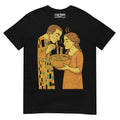 Black t-shirt with artistic design of a man and woman sharing a bowl of soup, inspired by Gustav Klimt's style.