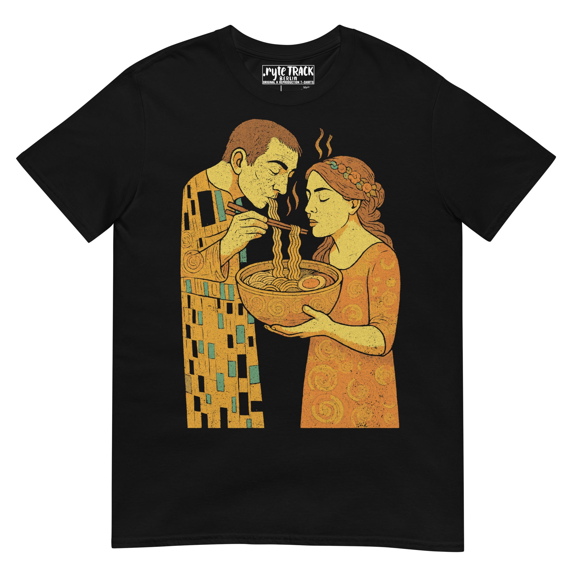 Black t-shirt with artistic design of a man and woman sharing a bowl of soup, inspired by Gustav Klimt's style.