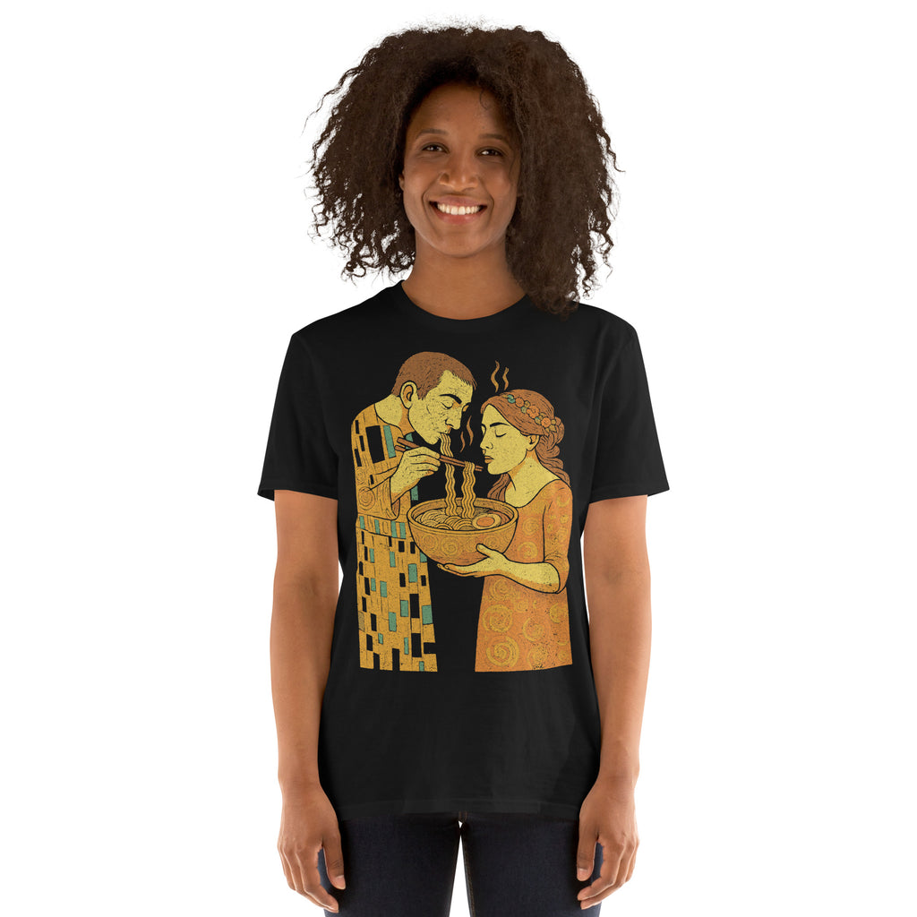 Woman wearing a black t-shirt featuring a graphic parody of Gustav Klimts The Kiss