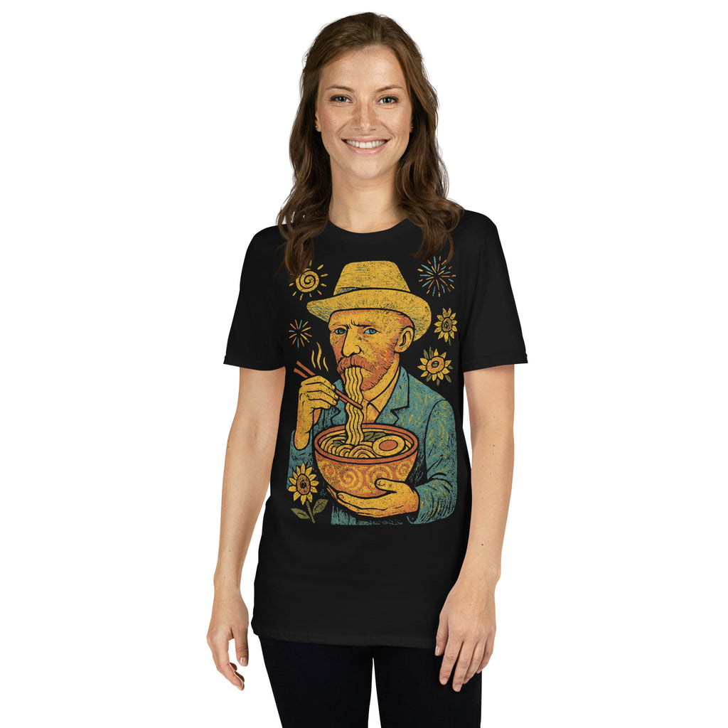 Woman wearing a black t-shirt featuring an image of Vincent an Gogh eating noodles