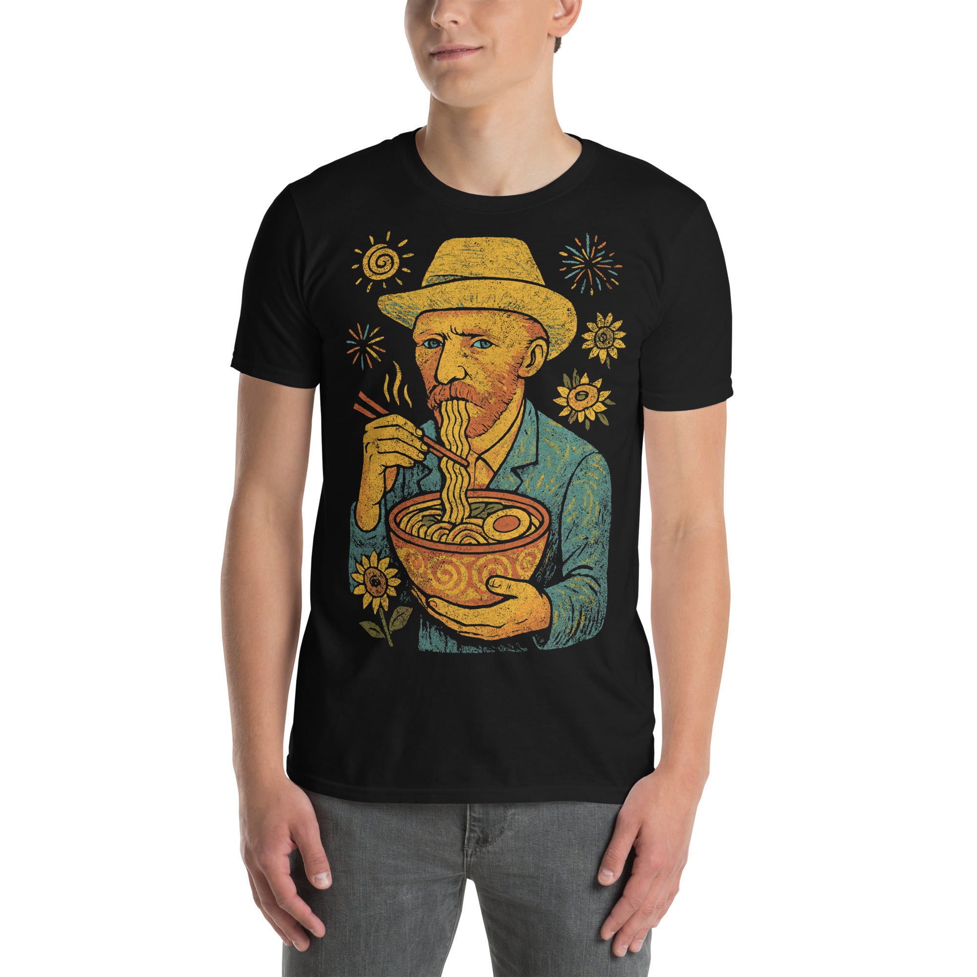 man wearing a black t-shirt featuring an image of vincent van gogh eating noodles