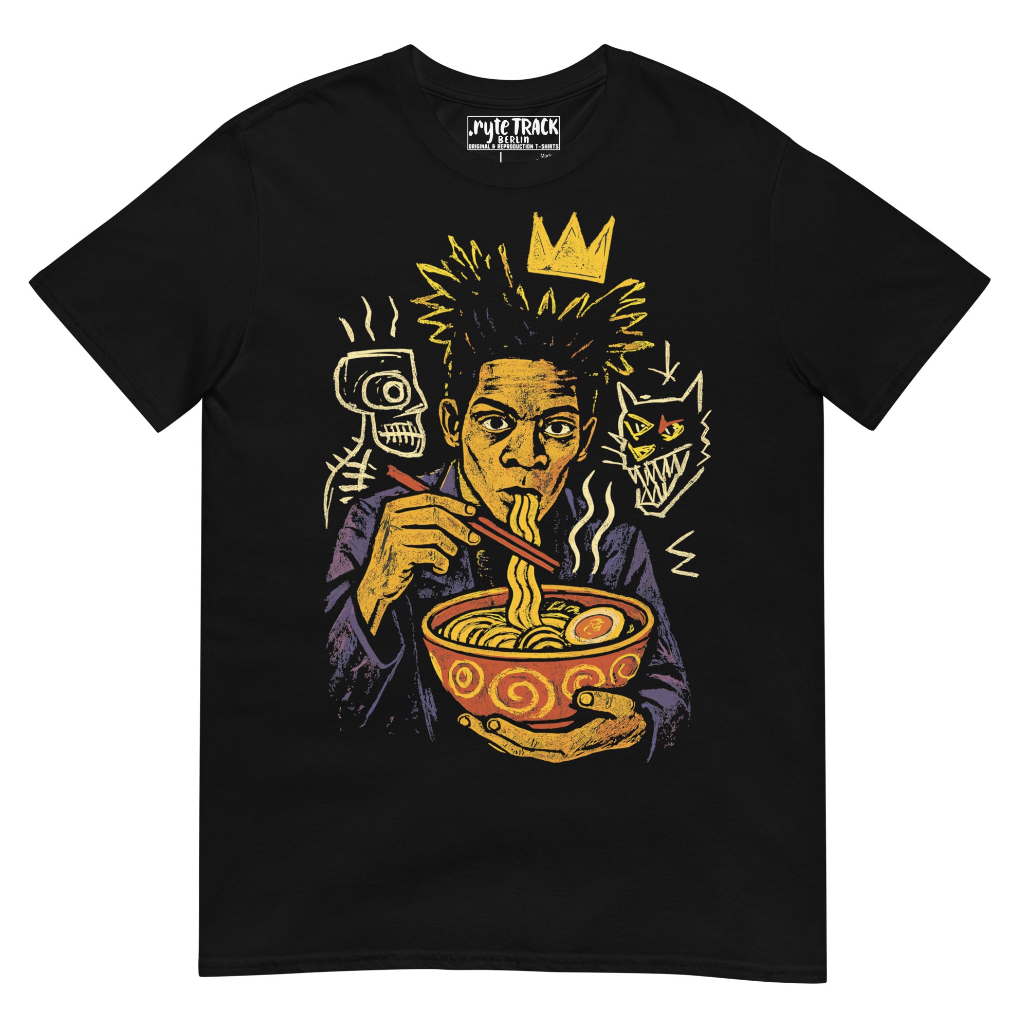 Black t-shirt with a graphic design of a person eating ramen noodles 