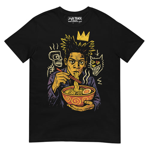 Black t-shirt with a graphic design of a person eating ramen noodles 