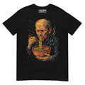 Black t-shirt with a colorful graphic of a man eating noodles, on a white background.