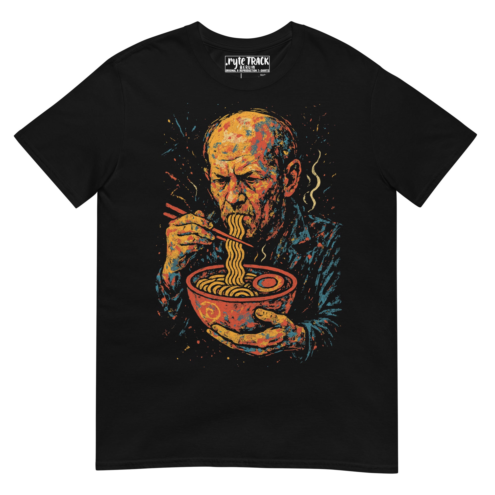 Black t-shirt with a colorful graphic of a man eating noodles, on a white background.