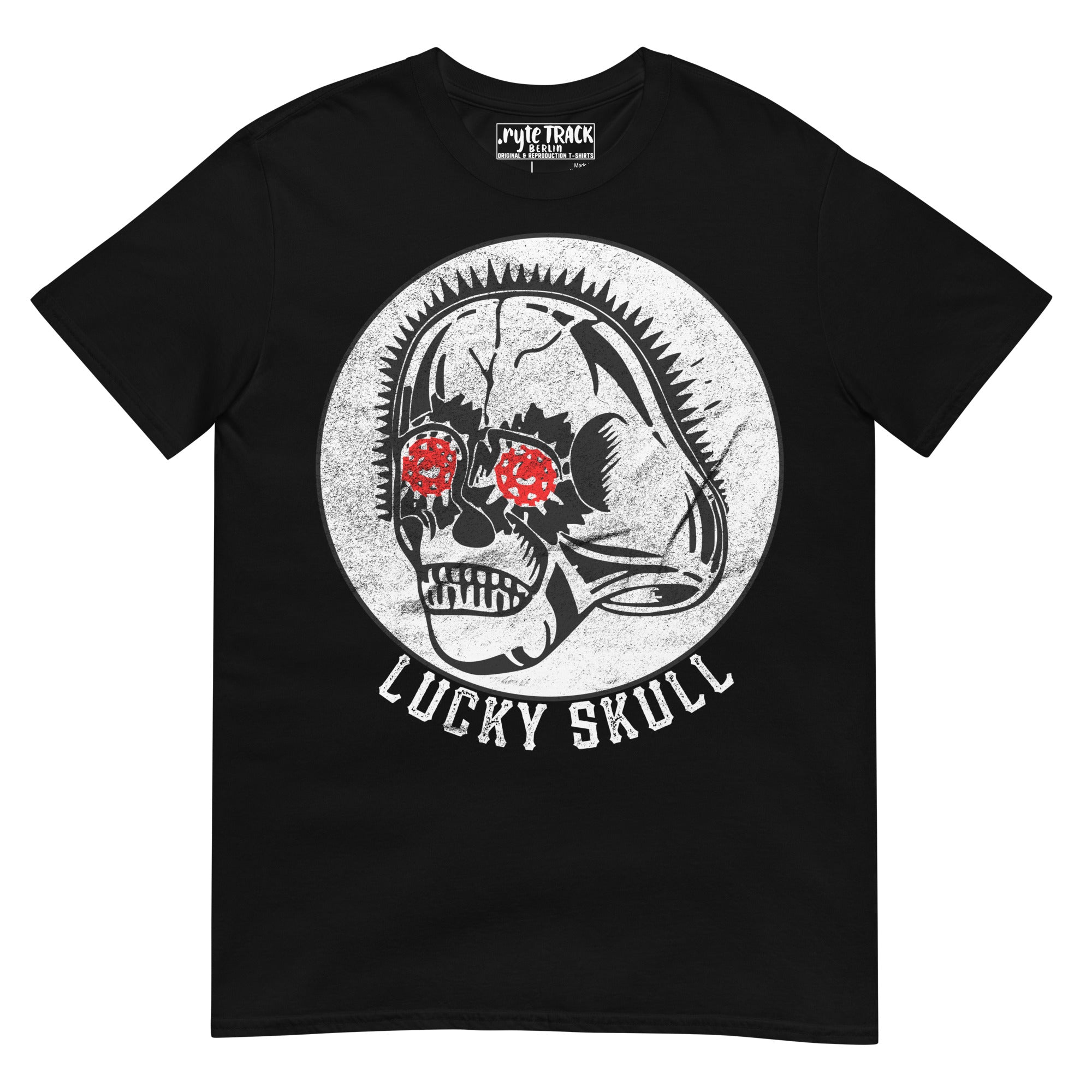Vintage lucky skull illustration inspired by mid century comic book advertisements with bold tattoo style lines and red eyes