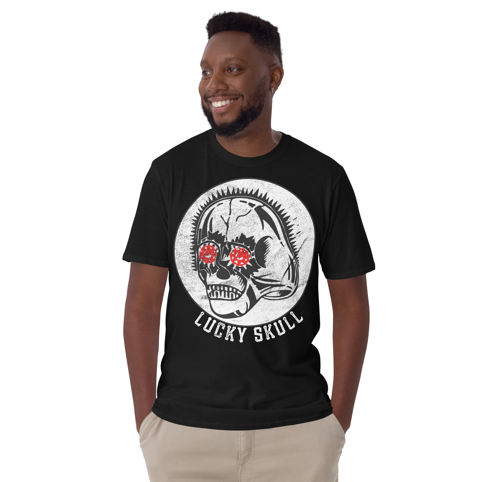 Vintage lucky skull illustration inspired by mid century comic book advertisements with bold tattoo style lines and red eyes