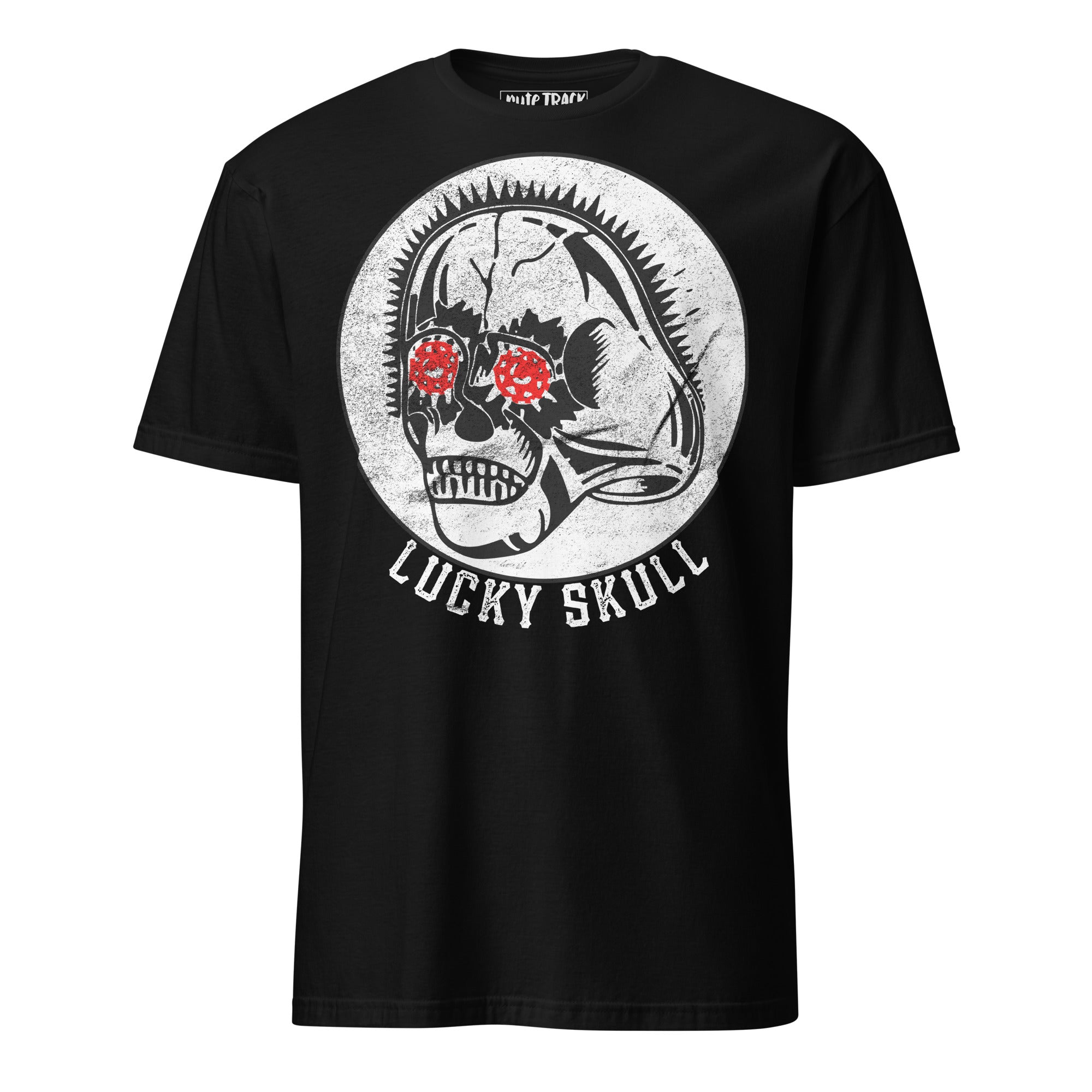 Vintage lucky skull illustration inspired by mid century comic book advertisements with bold tattoo style lines and red eyes