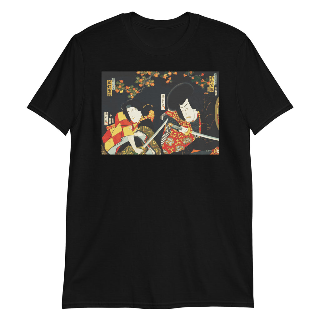Edo period ukiyo-e of two Kabuki actors fighting with swords,  on a black t-shirt