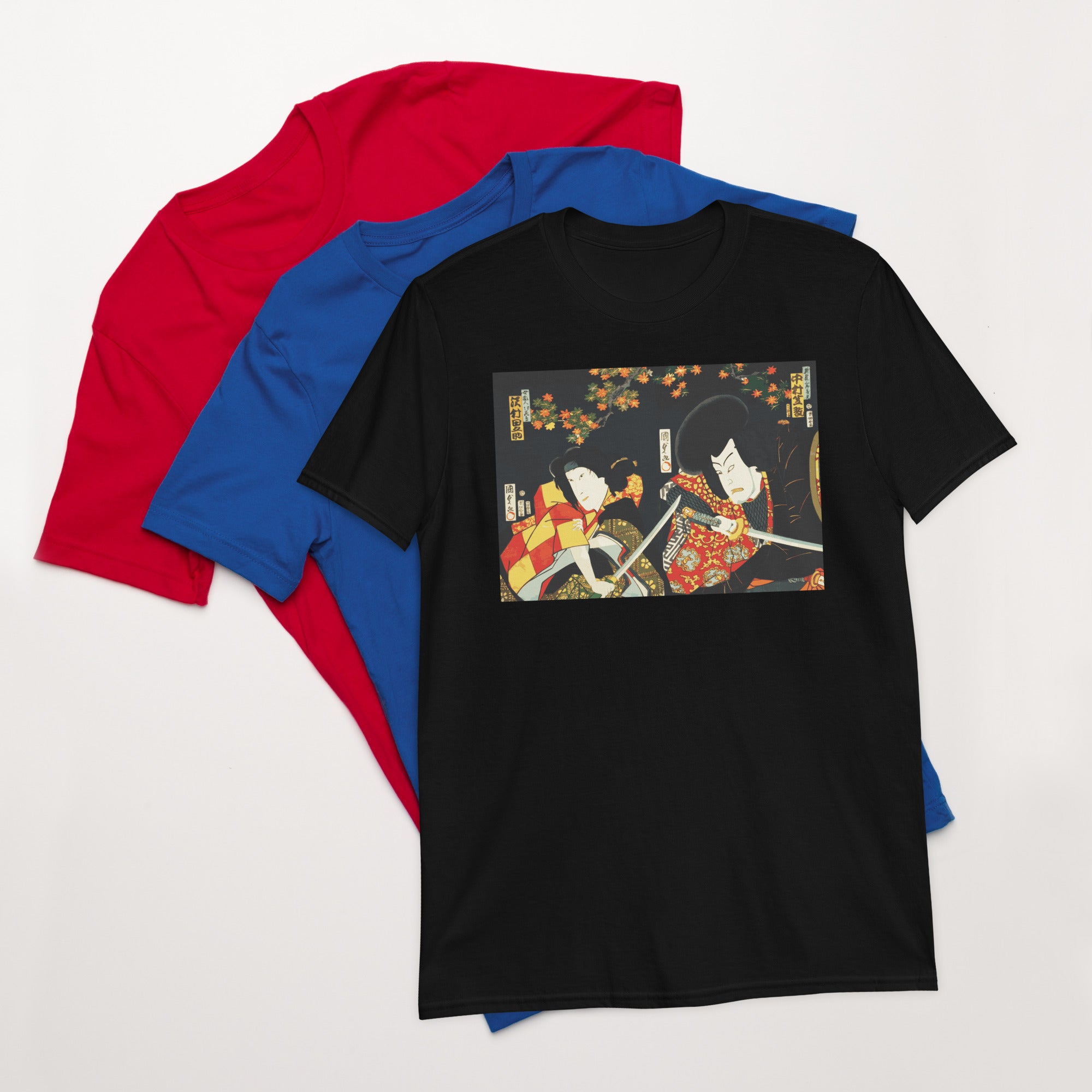 Edo period ukiyo-e of two Kabuki actors fighting with swords,  on a black t-shirt