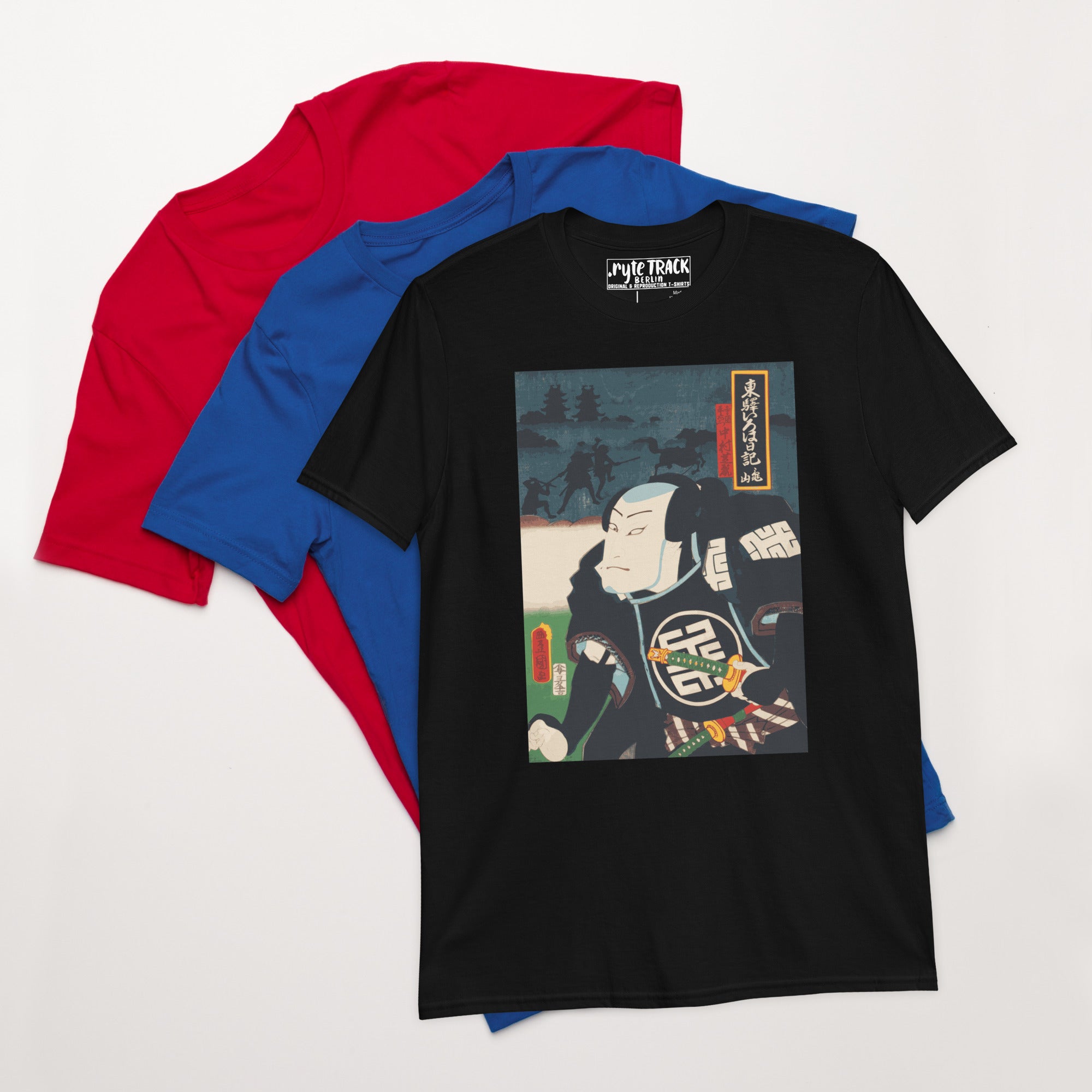 T-Shirt of Edo period samurai warrior in black armour from restored Japanese ukiyo-e woodblock art.