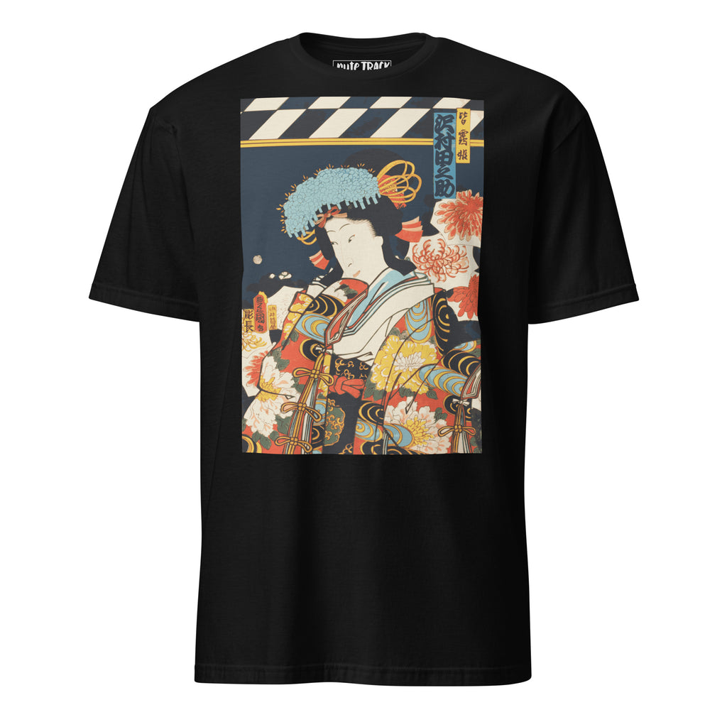 Digitally restored Edo period ukiyo-e geisha portrait inspired by Kabuki theatre and traditional Japanese woodblock art.