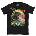 Black graphic t-shirt of a giant kaiju against the Berlin Skyline