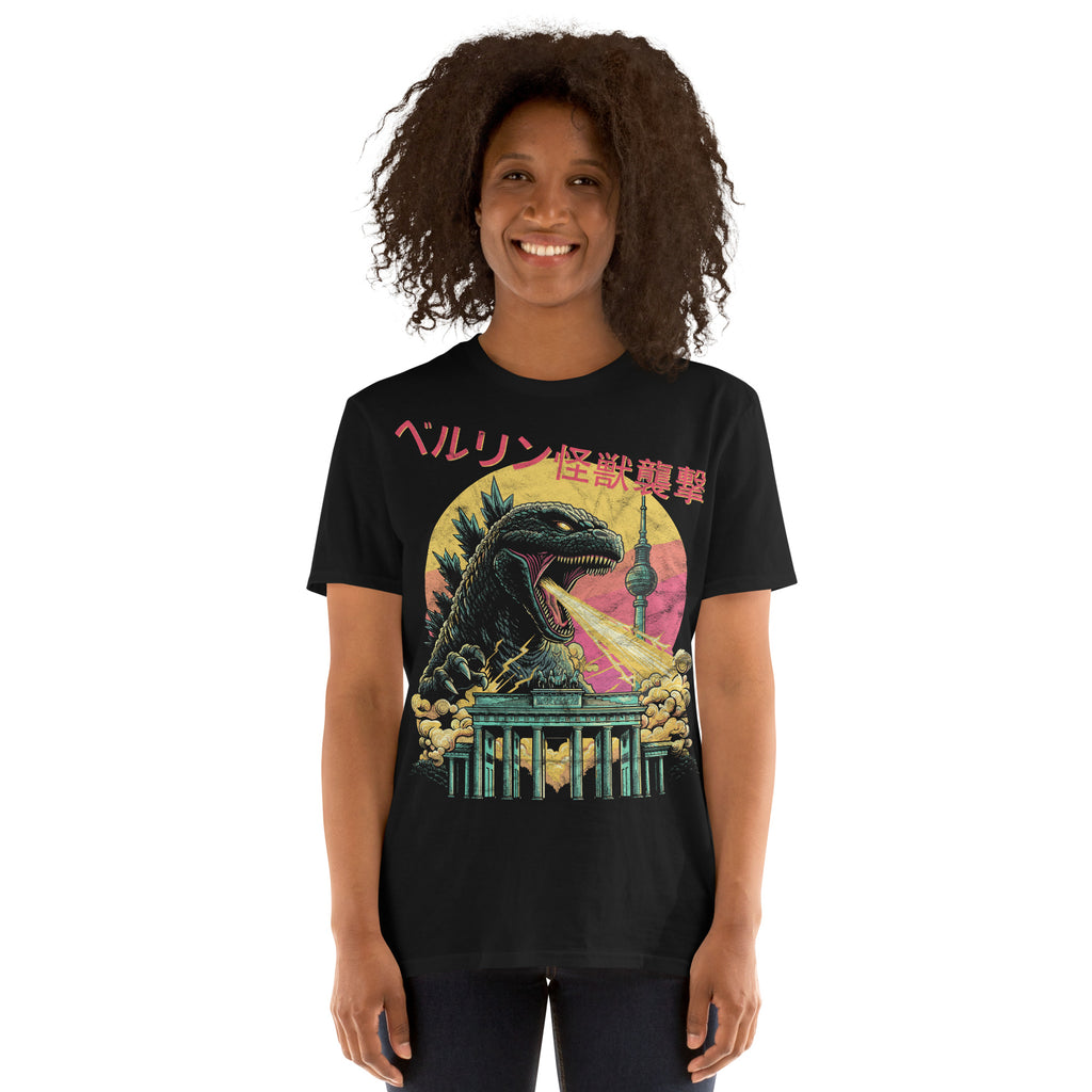 Woman wearing a black graphic t-shirt of a giant kaiju against the Berlin skyline