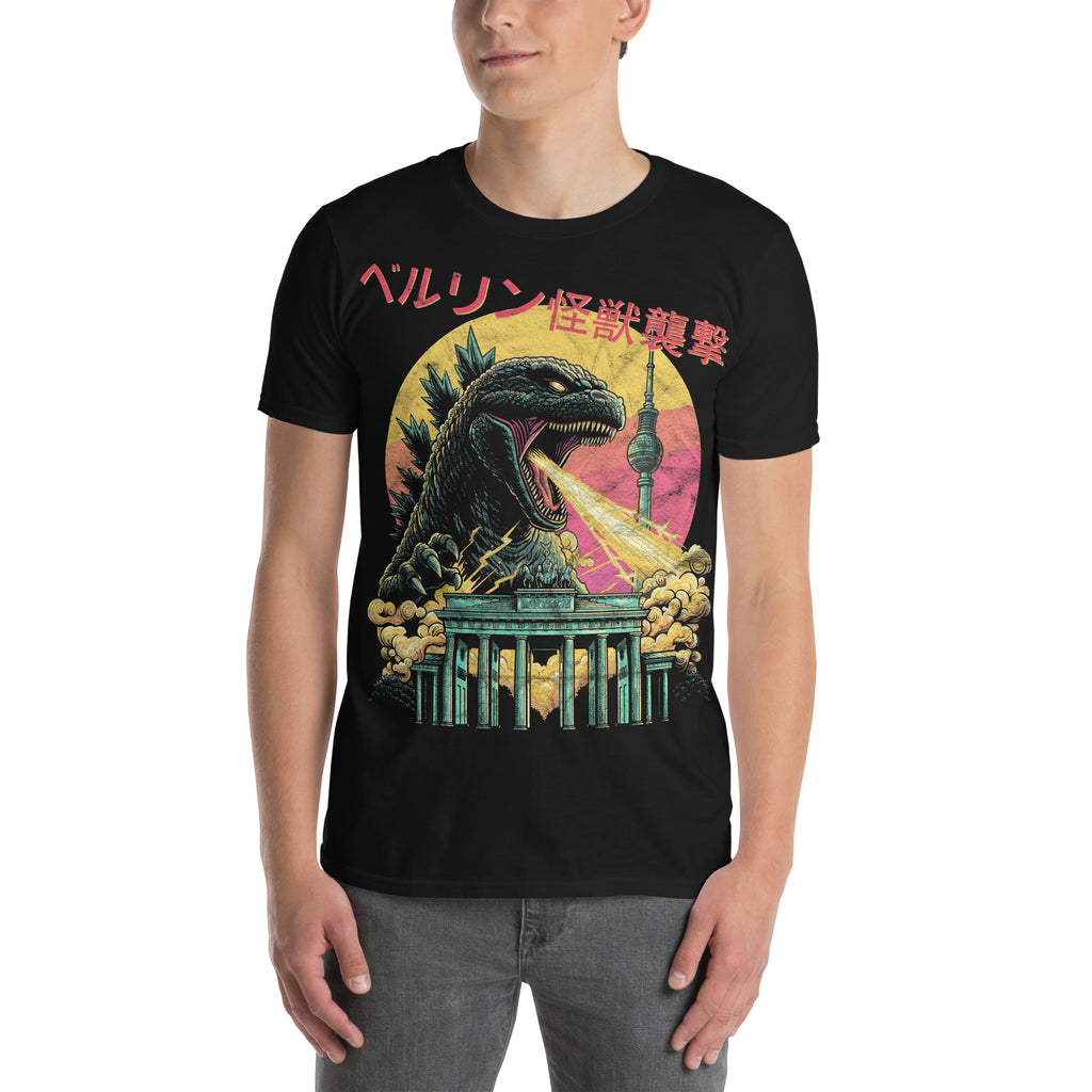 Man wearing a black graphic t-shirt of a giant kaiju against the Berlin Skyline