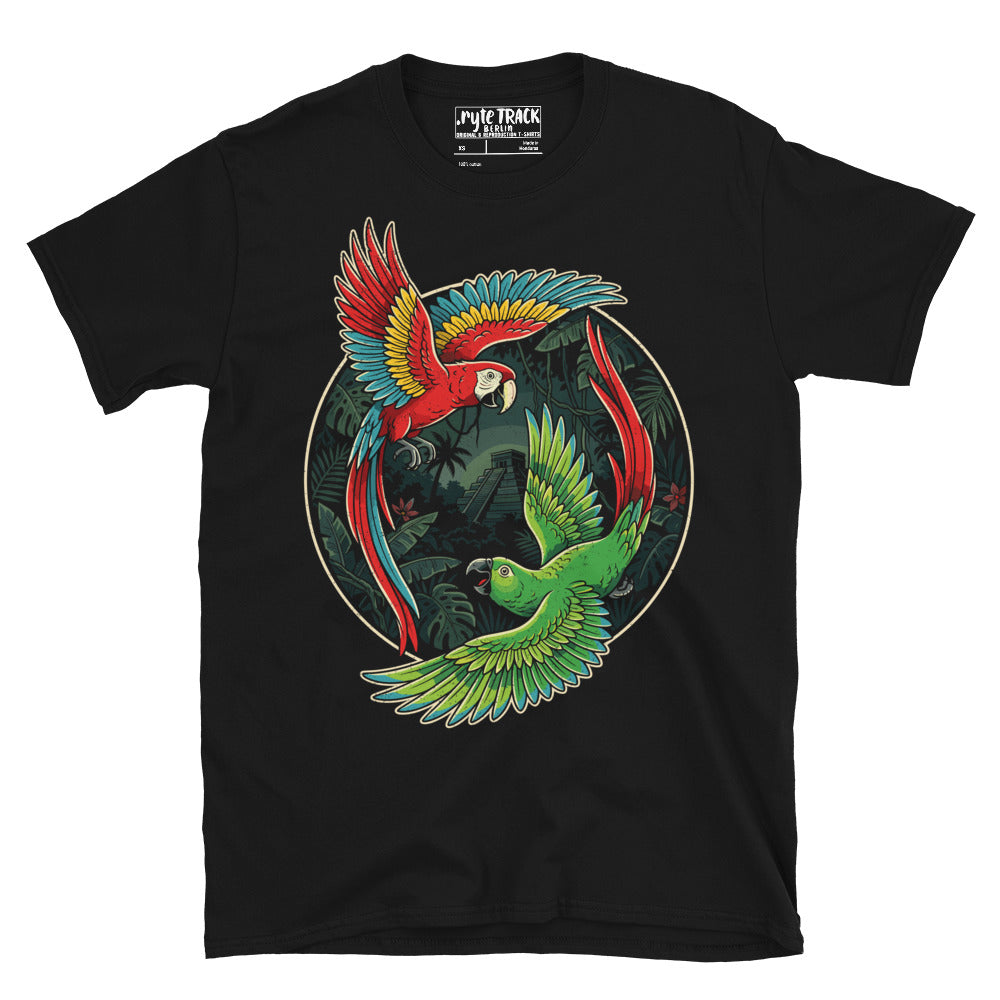 graphic tee with a macaw and a parrot in the jungle