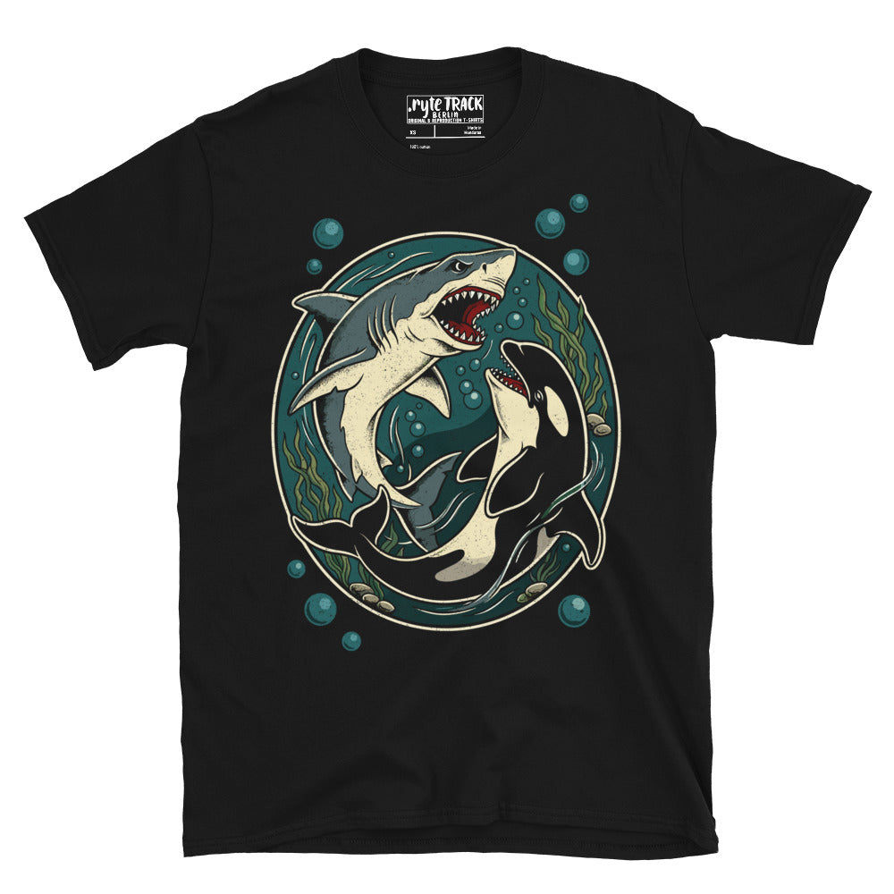 graphic t-shrt of a great white shark and a killer whale