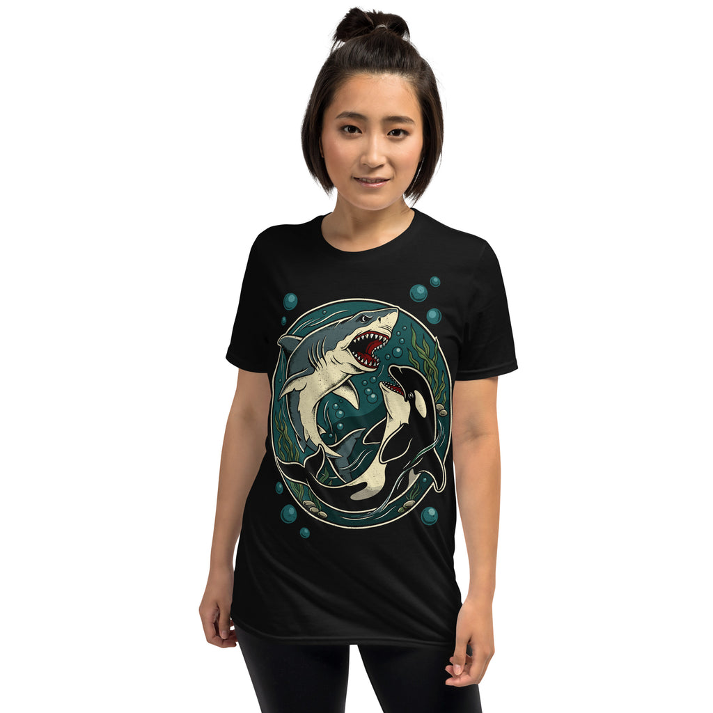 girl wearing a graphic tee featuring a shark and a whale