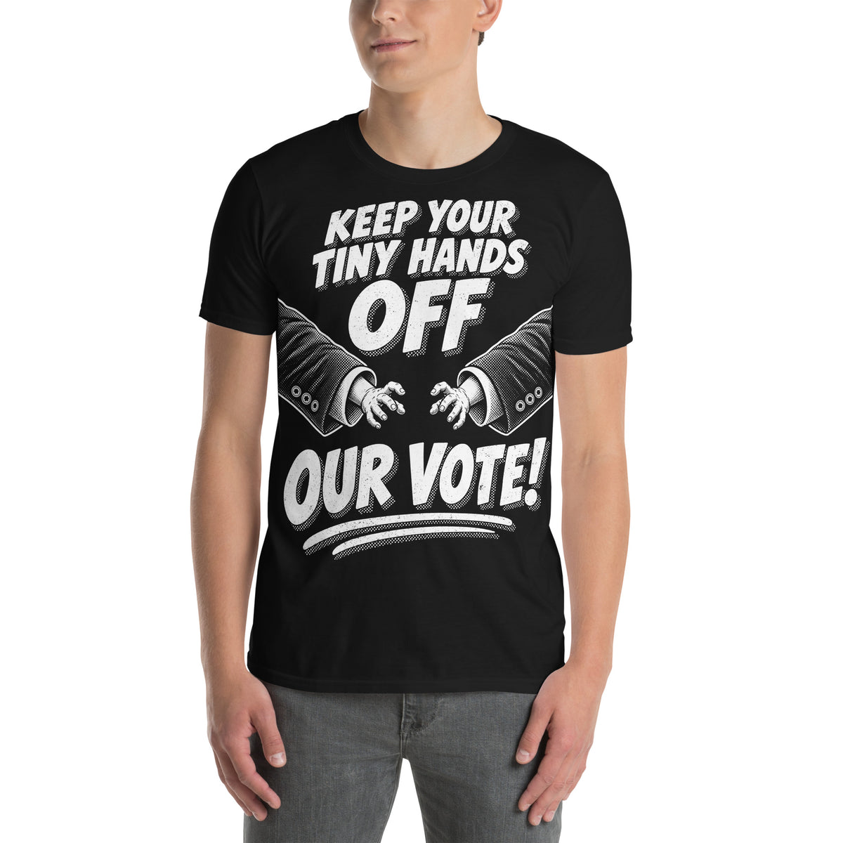 Man wearing an anti-trump protest T-Shirt