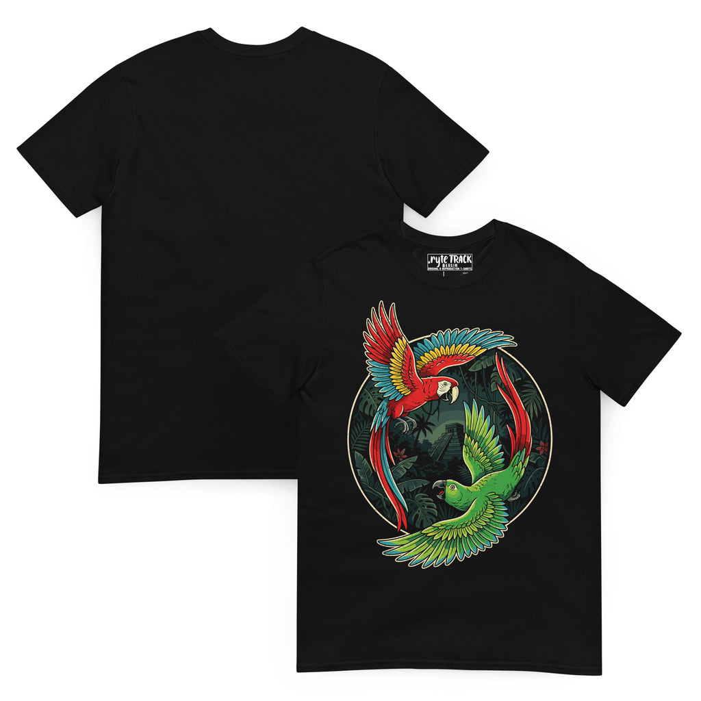 front and back of a graphic t-shirt featuring  a macaw and a parrot