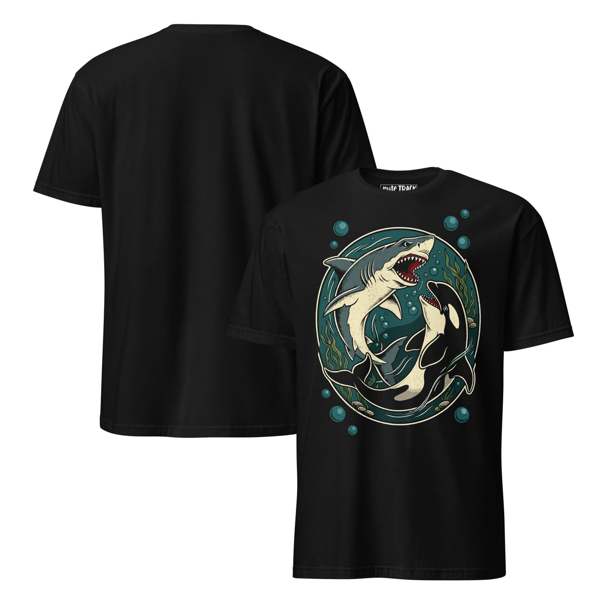 front and back of a t-shirt featuring a shark and whale
