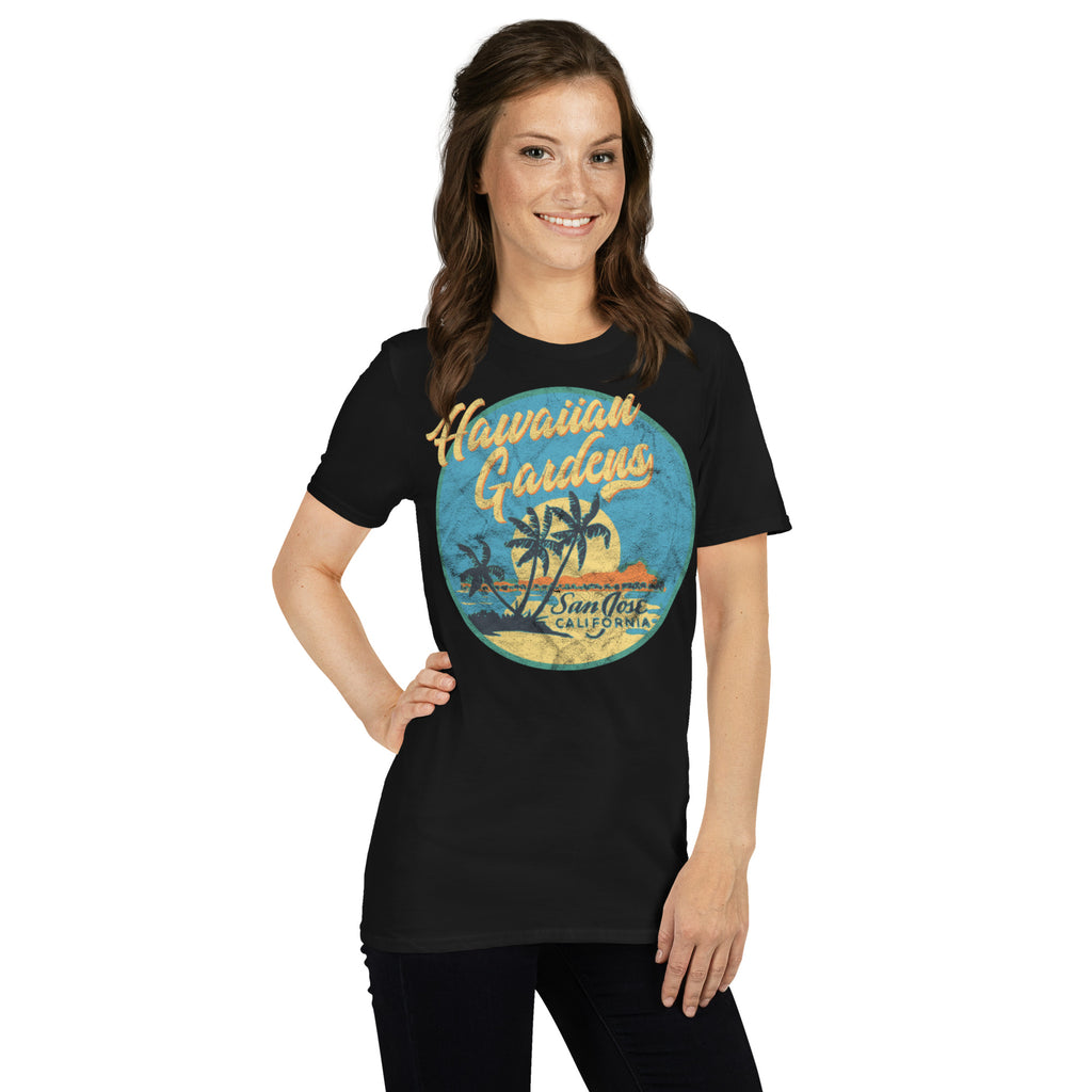 woman wearing a black hawaiian gardens t-shirt