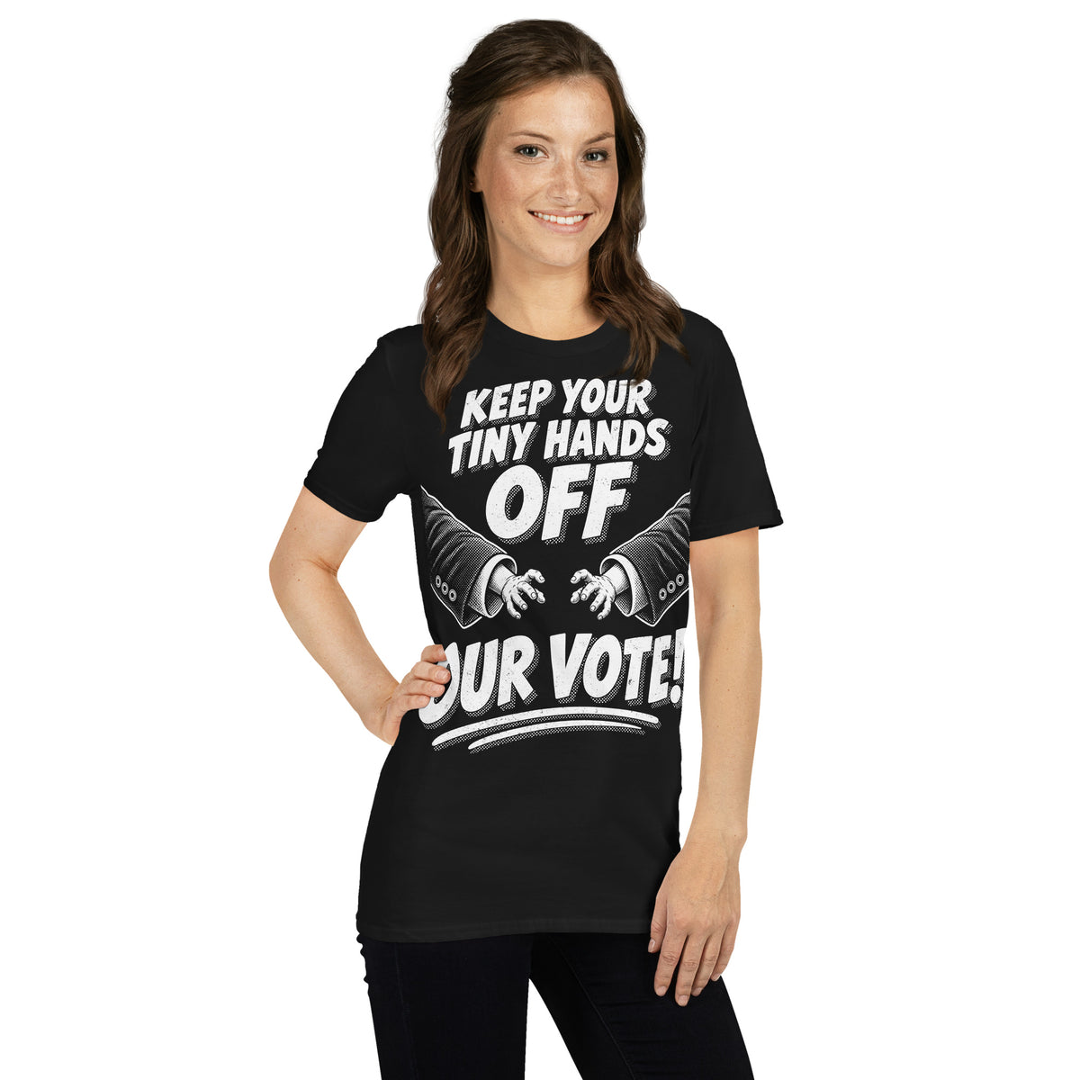 Woman wearing an anti-trump graphic t-shirt
