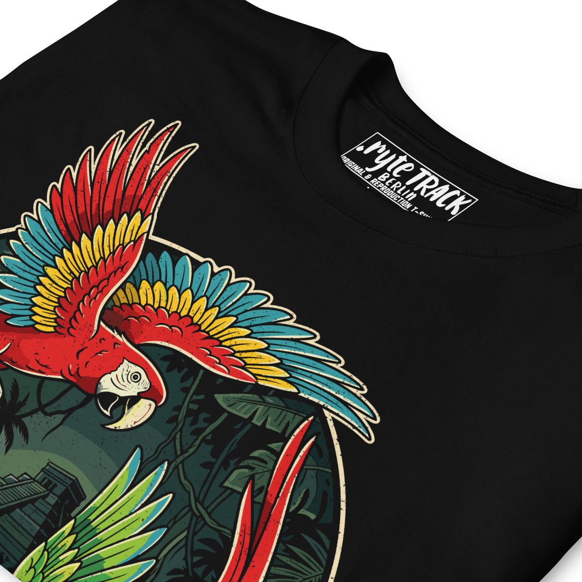 detail of a graphic t-shirt featuring a parrot