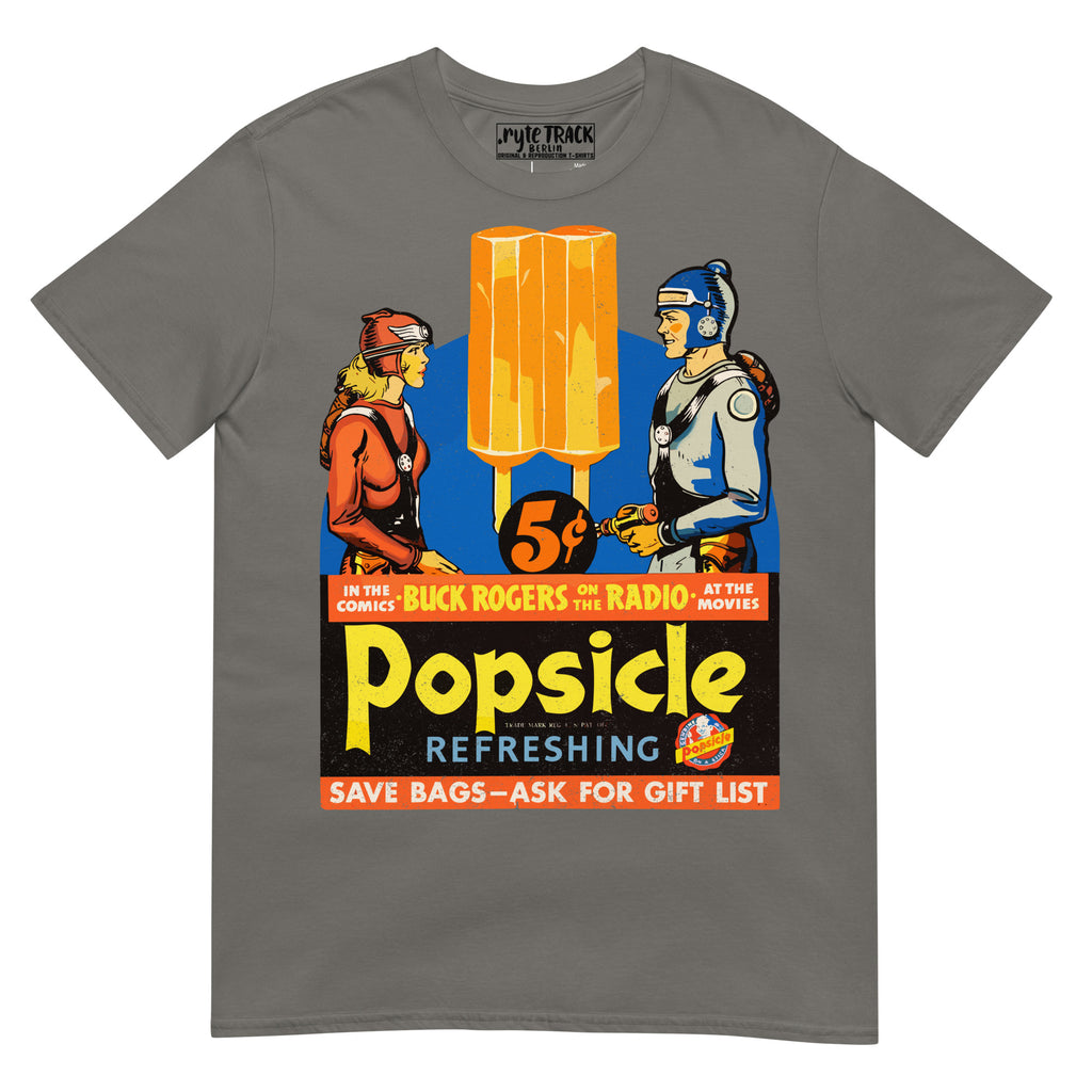 1930s Popsicle advertisement featuring Buck Rogers. Vintage comic art meets retro American advertising in this restored public domain sci-fi classic.