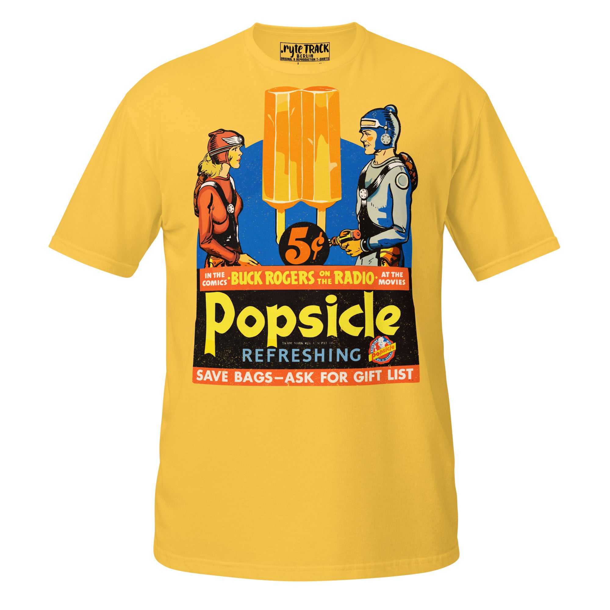 1930s Popsicle advertisement featuring Buck Rogers. Vintage comic art meets retro American advertising in this restored public domain sci-fi classic.
