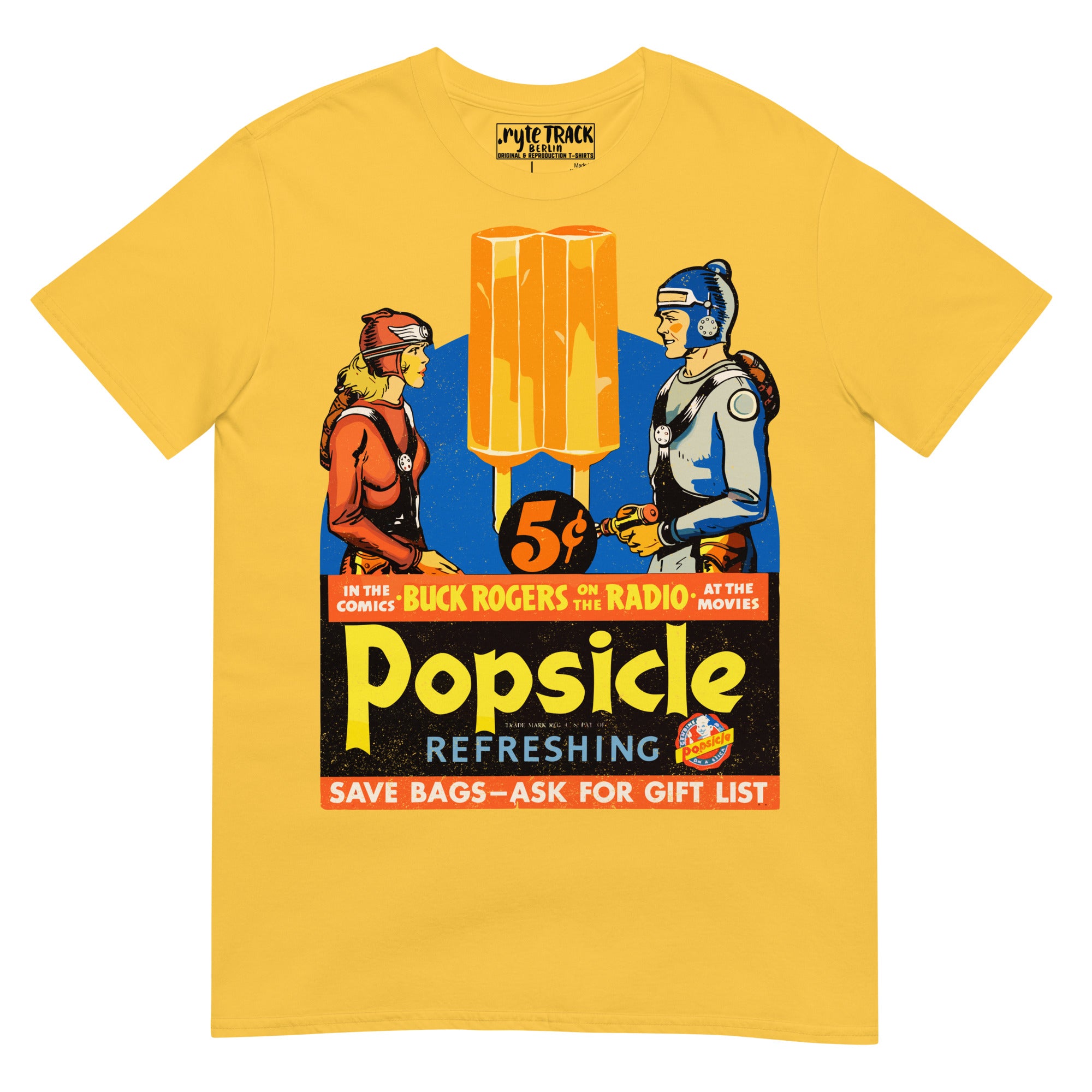 1930s Popsicle advertisement featuring Buck Rogers. Vintage comic art meets retro American advertising in this restored public domain sci-fi classic.