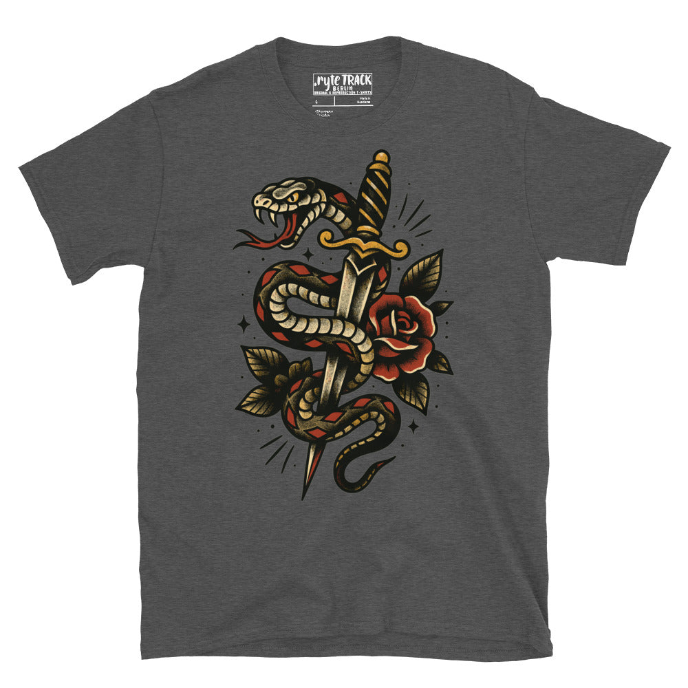 Traditional snake and dagger tattoo T-Shirt design inspired by vintage American tattoo flash and bold old school symbolism.