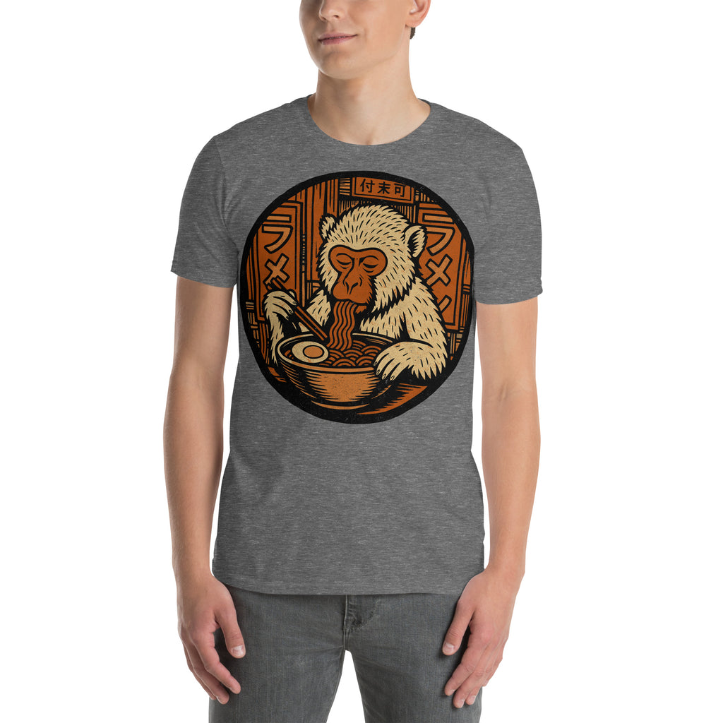 Monkey Eating Ramen Noodles T-Shirt – Funny animal graphic tee for monkey fans, anime lovers & quirky foodie gifts.