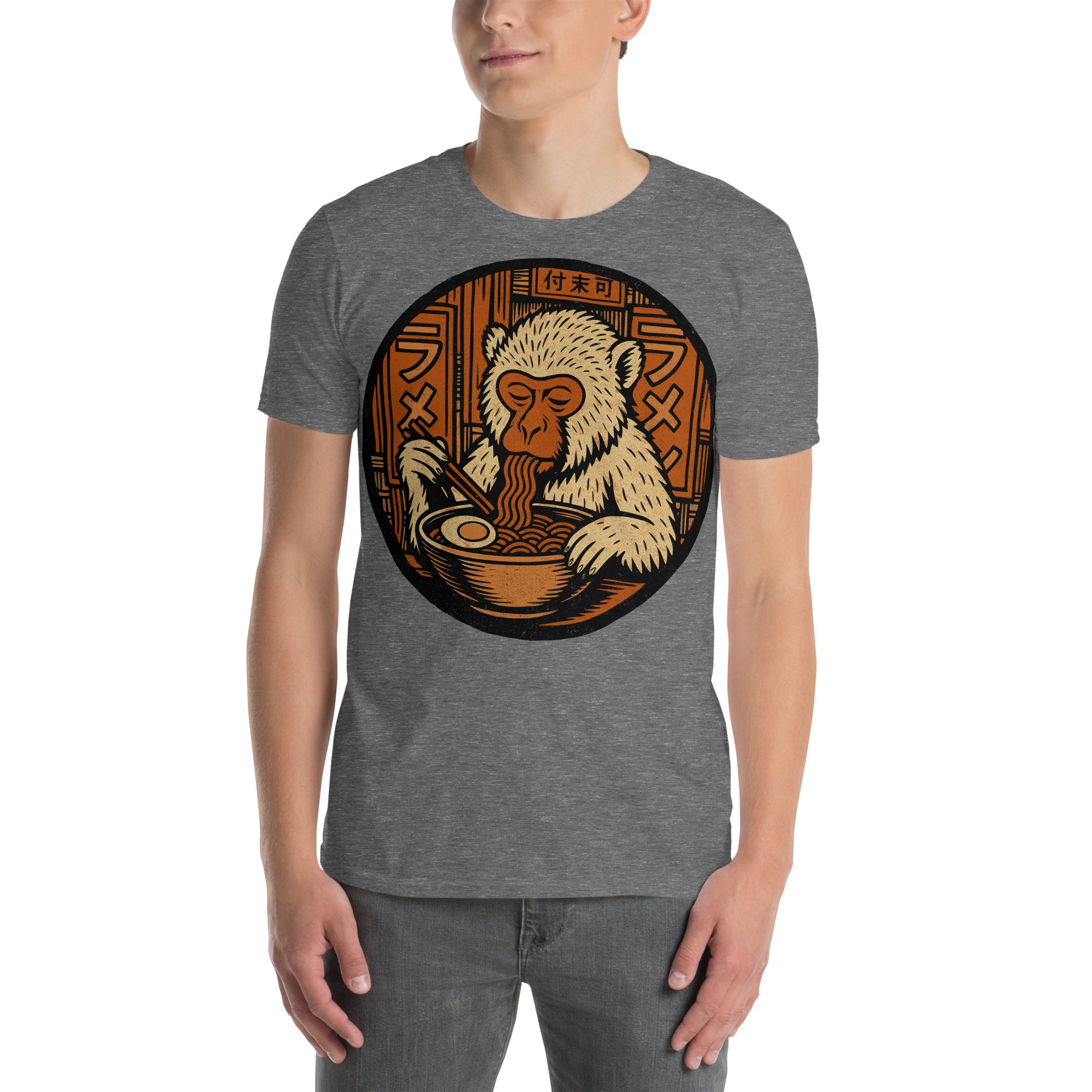 Monkey Eating Ramen Noodles T-Shirt – Funny animal graphic tee for monkey fans, anime lovers & quirky foodie gifts.