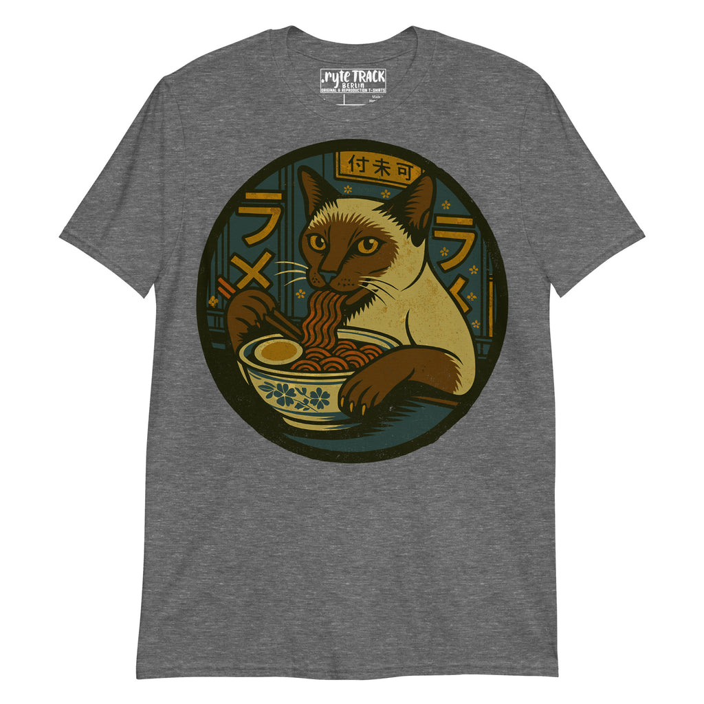 Siamese Cat Eating Ramen Noodles Shirt – Funny cat lover gift, Japanese ramen humor tee, quirky anime foodie fashion.