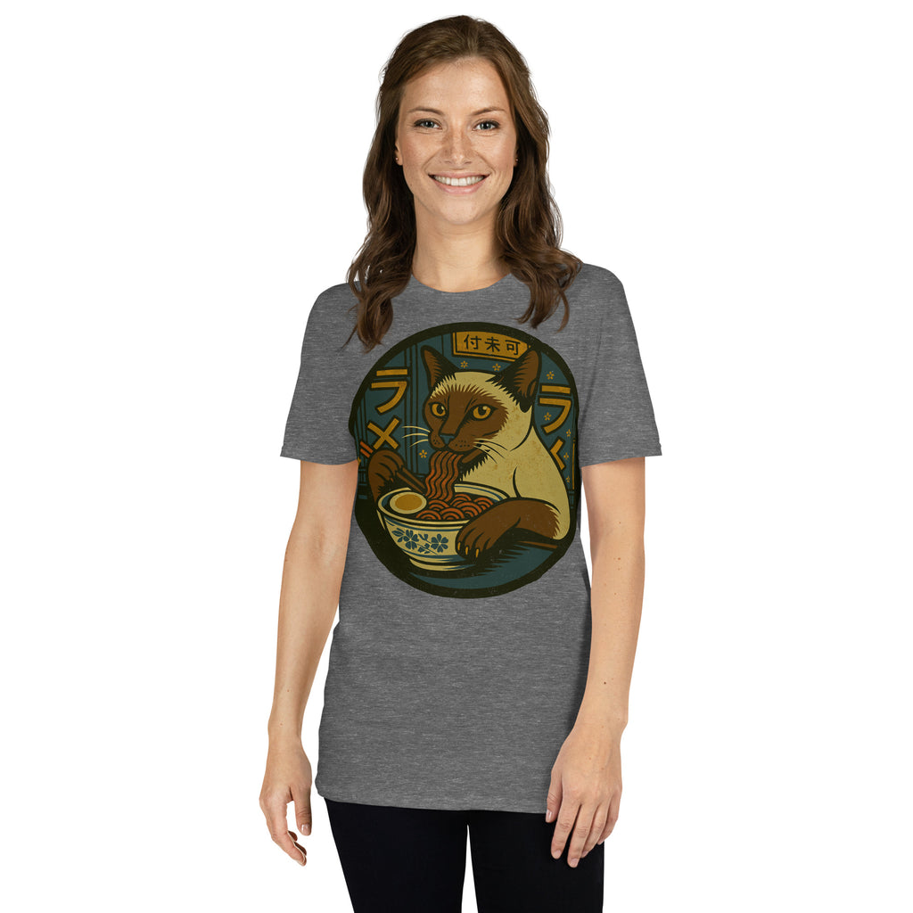 Siamese Cat Eating Ramen Noodles Shirt – Funny cat lover gift, Japanese ramen humor tee, quirky anime foodie fashion.