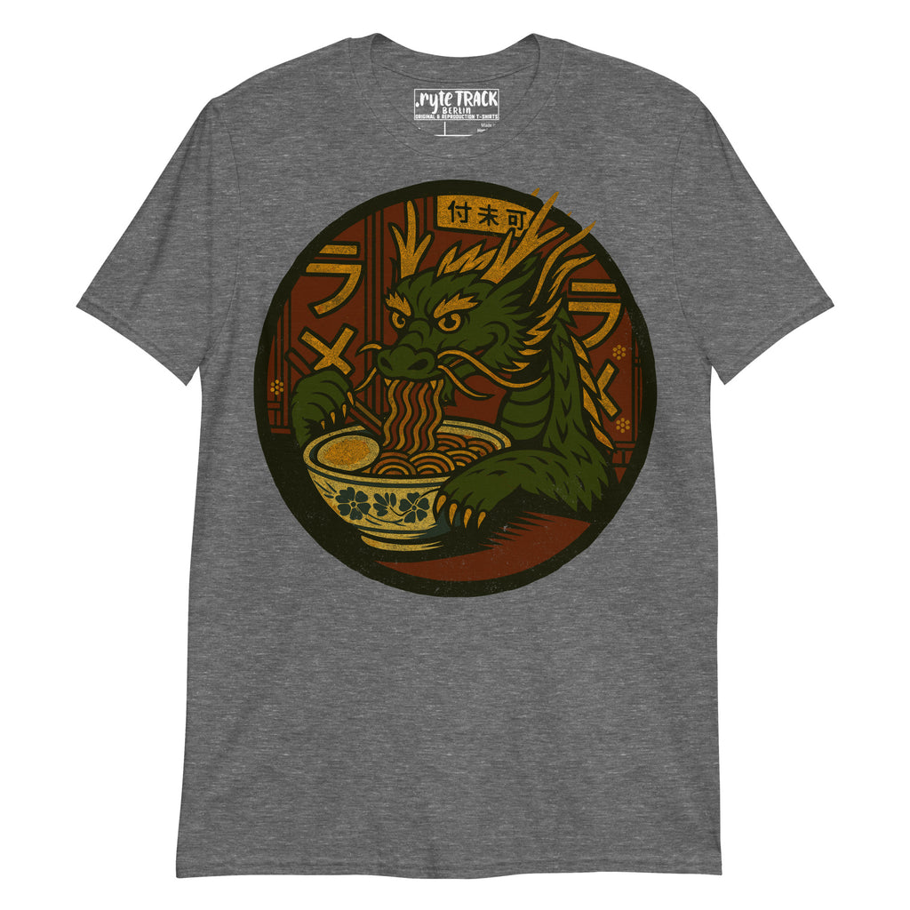 Dragon Eating Ramen Noodles T-Shirt – Fantasy lover gift, anime food humor tee, quirky novelty graphic shirt for adults.