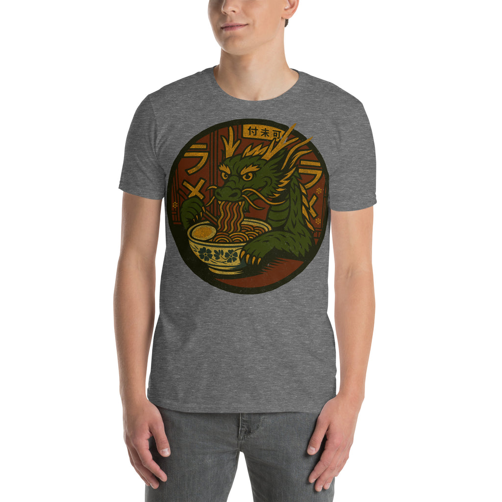 Dragon Eating Ramen Noodles T-Shirt – Fantasy lover gift, anime food humor tee, quirky novelty graphic shirt for adults.