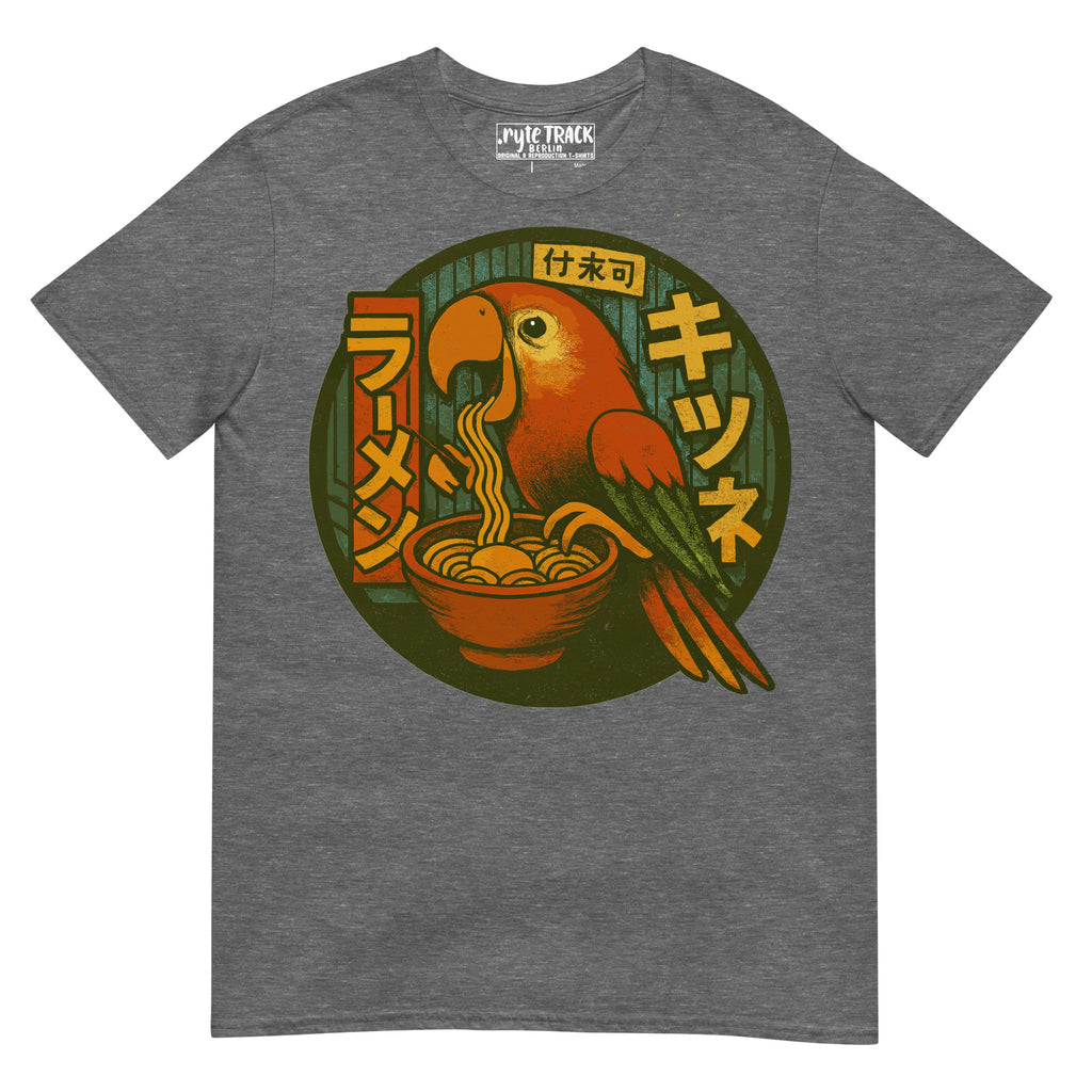 Parrot Eating Ramen Noodles Shirt – Funny bird lover gift, Japanese ramen humor tee, quirky novelty foodie graphic tee.