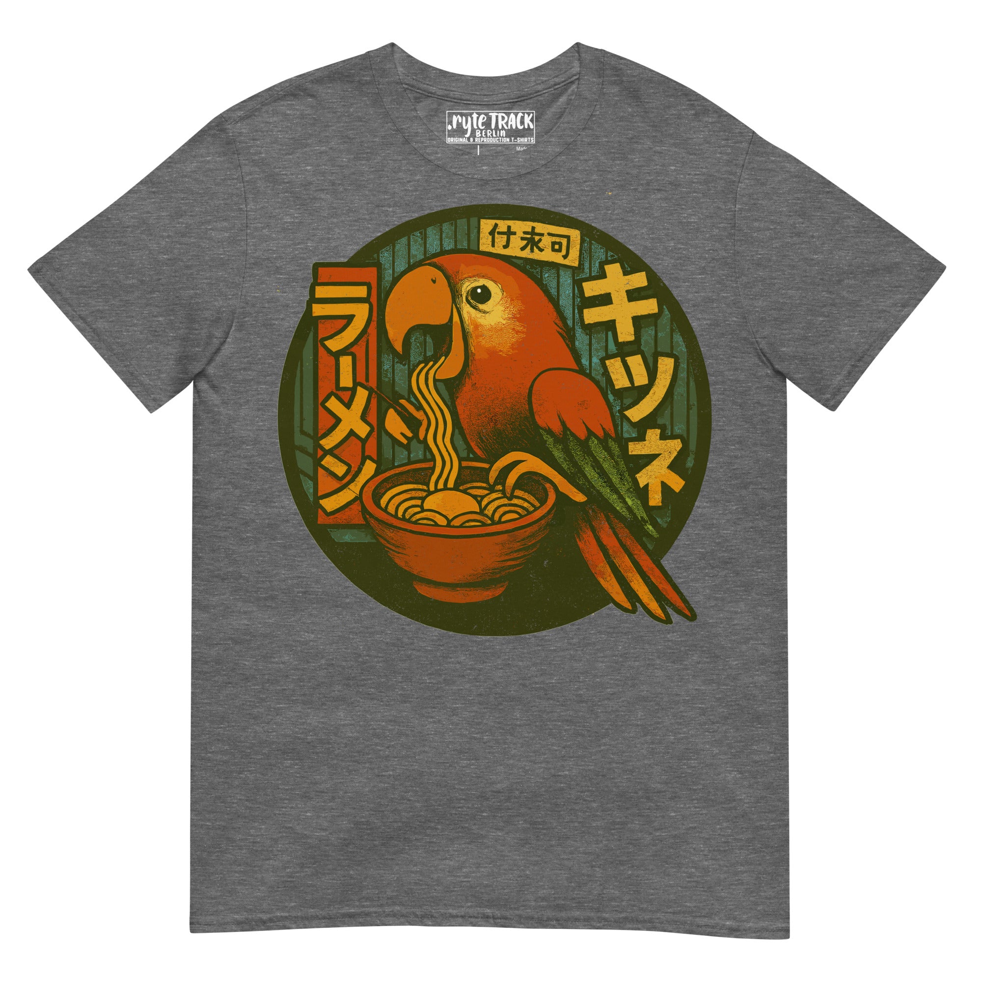 Parrot Eating Ramen Noodles Shirt – Funny bird lover gift, Japanese ramen humor tee, quirky novelty foodie graphic tee.
