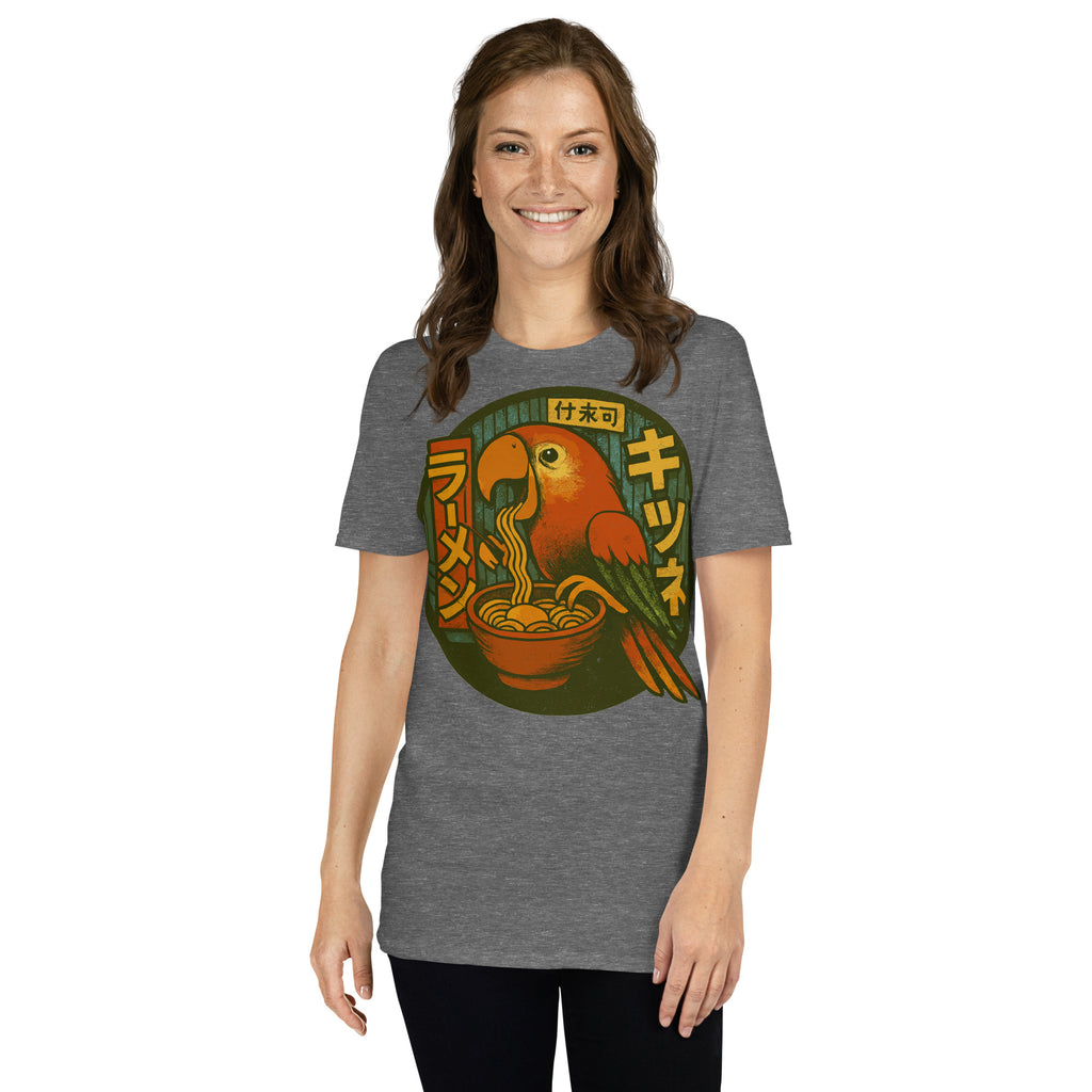 Parrot Eating Ramen Noodles Shirt – Funny bird lover gift, Japanese ramen humor tee, quirky novelty foodie graphic tee.