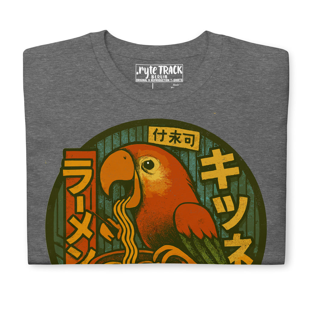 Parrot Eating Ramen Noodles Shirt – Funny bird lover gift, Japanese ramen humor tee, quirky novelty foodie graphic tee.
