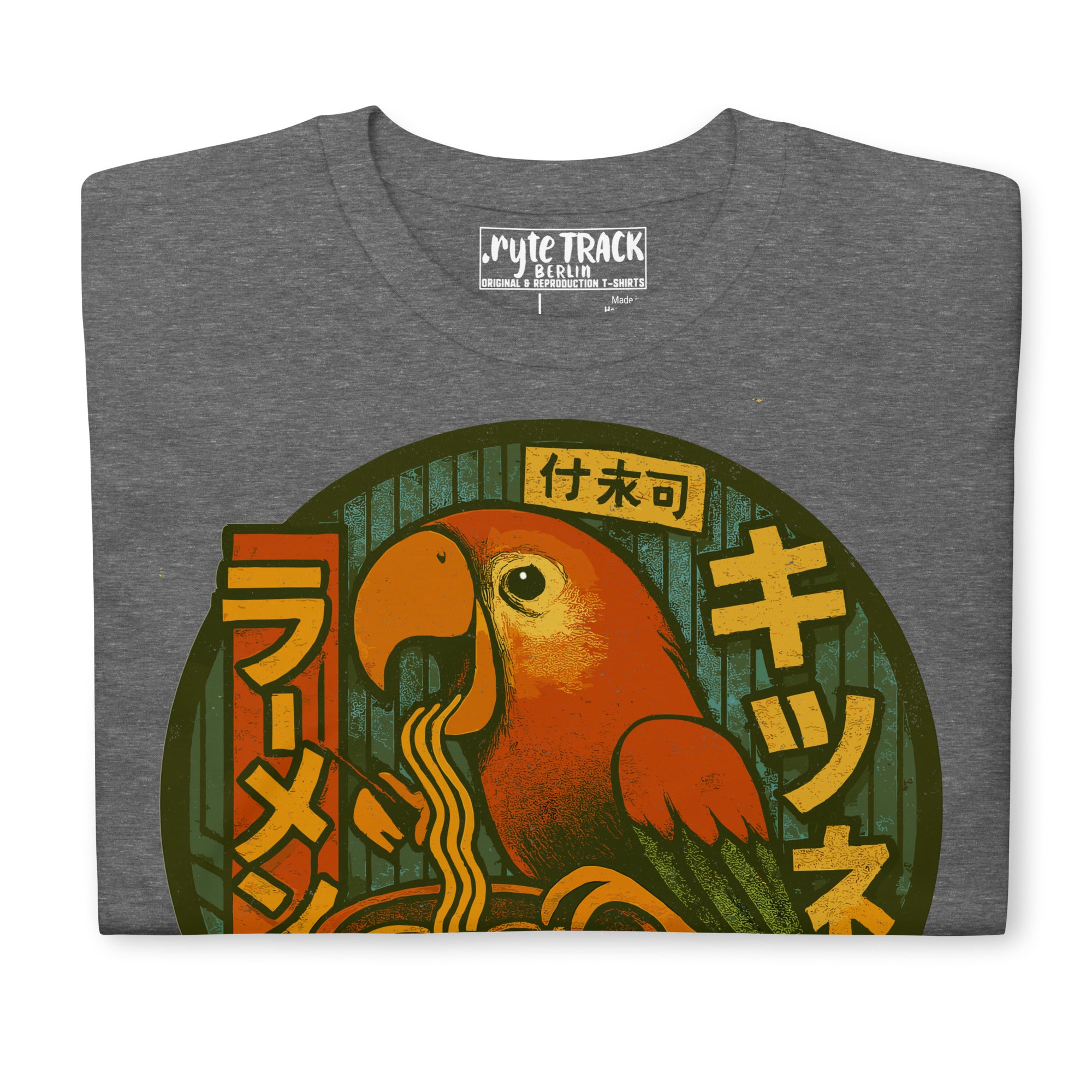 Parrot Eating Ramen Noodles Shirt – Funny bird lover gift, Japanese ramen humor tee, quirky novelty foodie graphic tee.