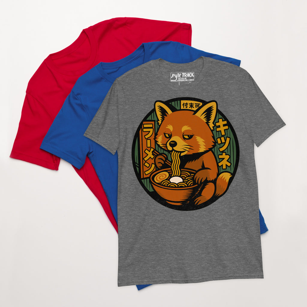 Red Panda Eating Ramen Noodles T-Shirt – Cute panda lover gift, anime food humor tee, quirky novelty fashion for adults.