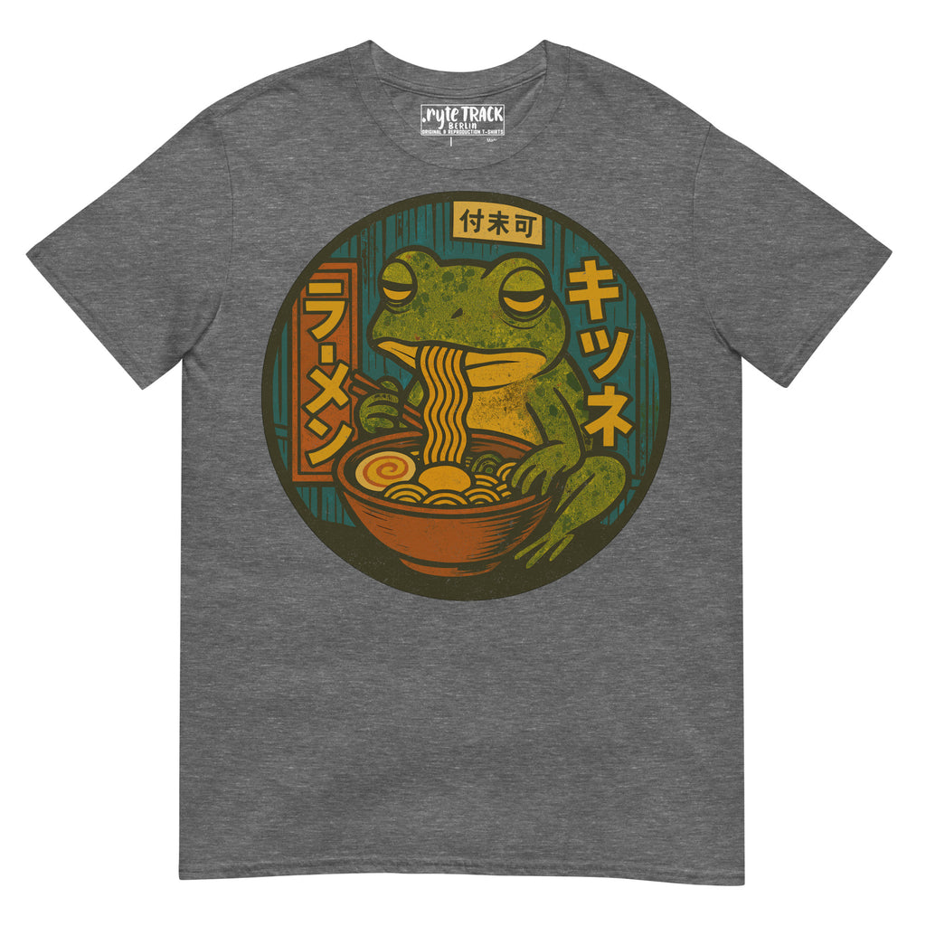 Frog Eating Ramen Noodles T-Shirt – Cute frog lover gift, anime food humor tee, quirky novelty graphic shirt for adults.