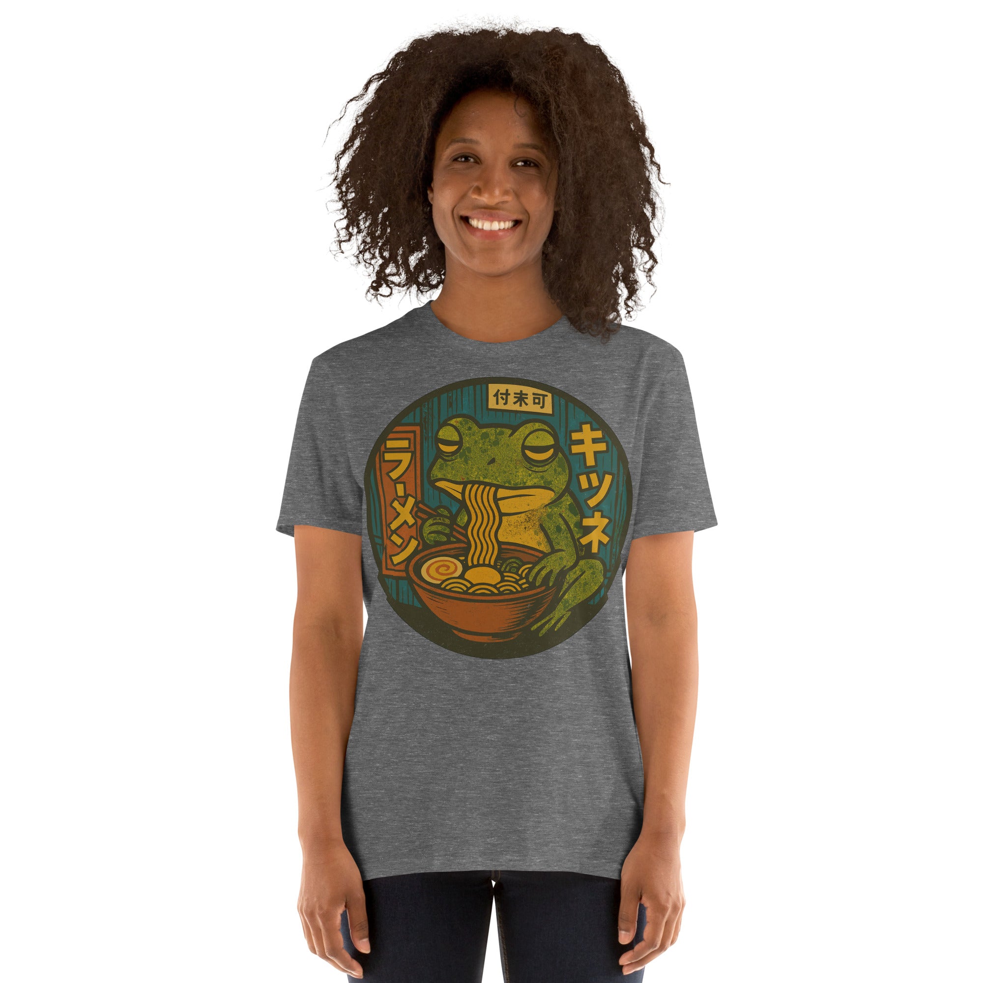 Frog Eating Ramen Noodles T-Shirt – Cute frog lover gift, anime food humor tee, quirky novelty graphic shirt for adults.